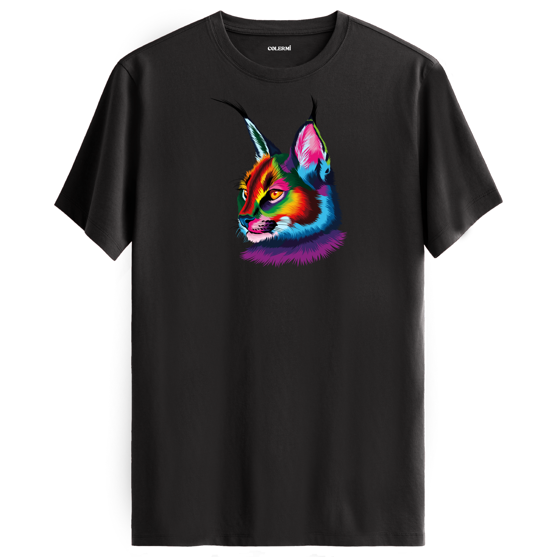 Antrasit tişört üzerinde renkli karakulak baskısı