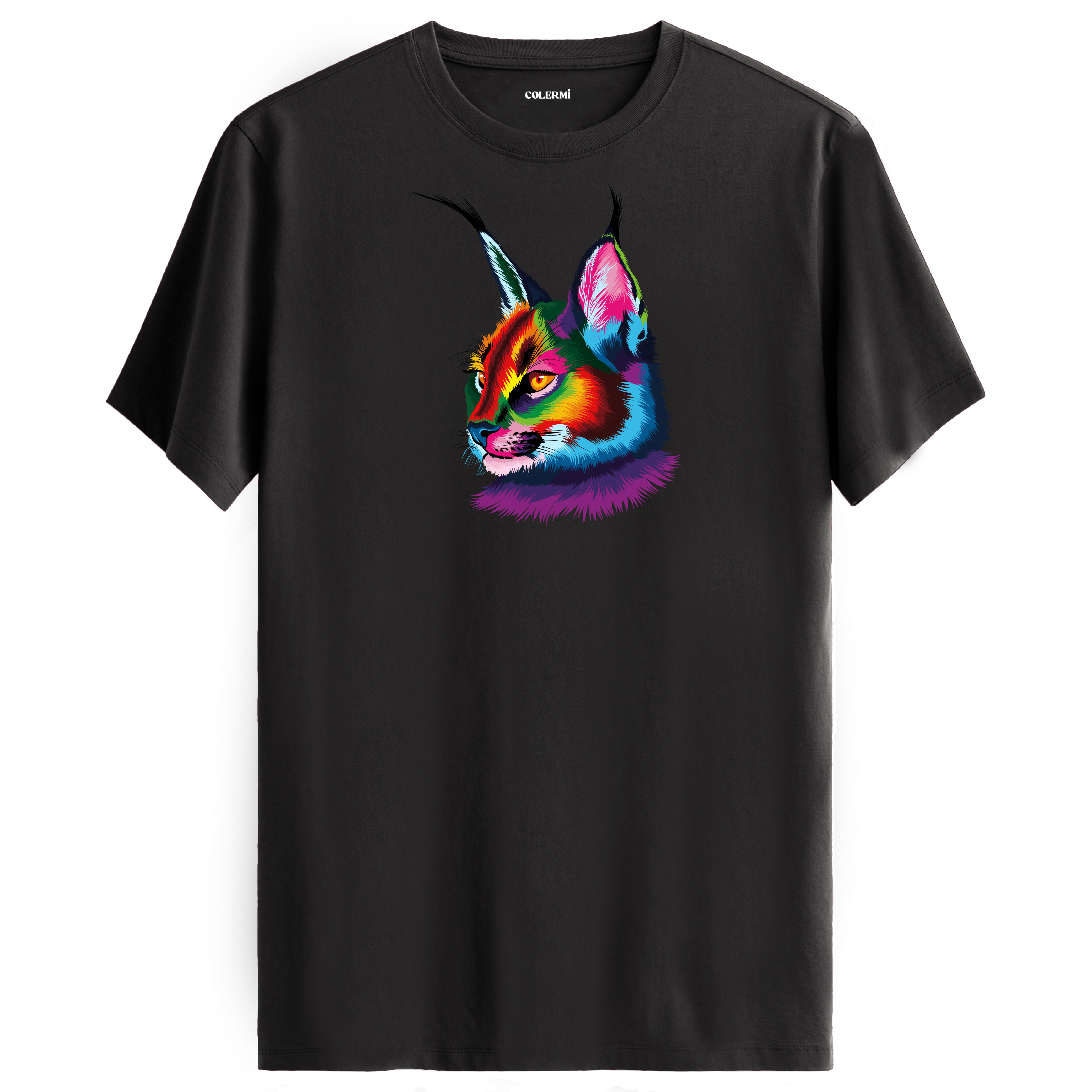 Antrasit tişört üzerinde renkli karakulak baskısı