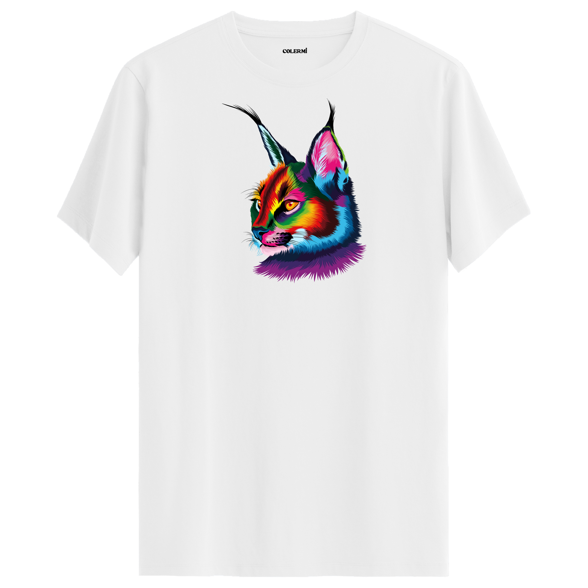 Beyaz tişört üzerinde renkli karakulak baskısı