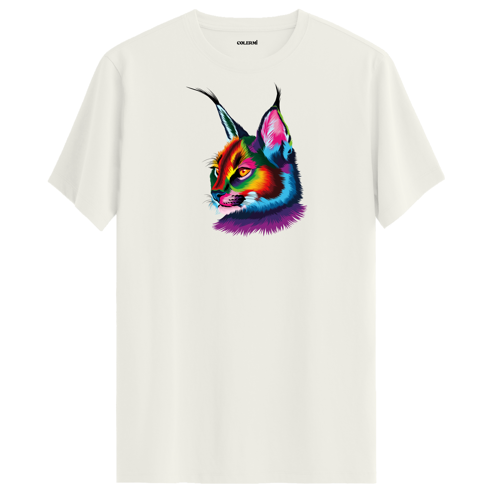 Ekru tişört üzerinde renkli karakulak baskısı