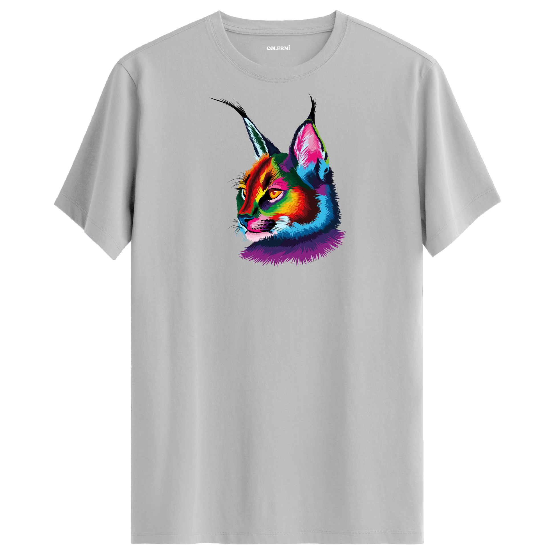 Gri tişört üzerinde renkli karakulak baskısı