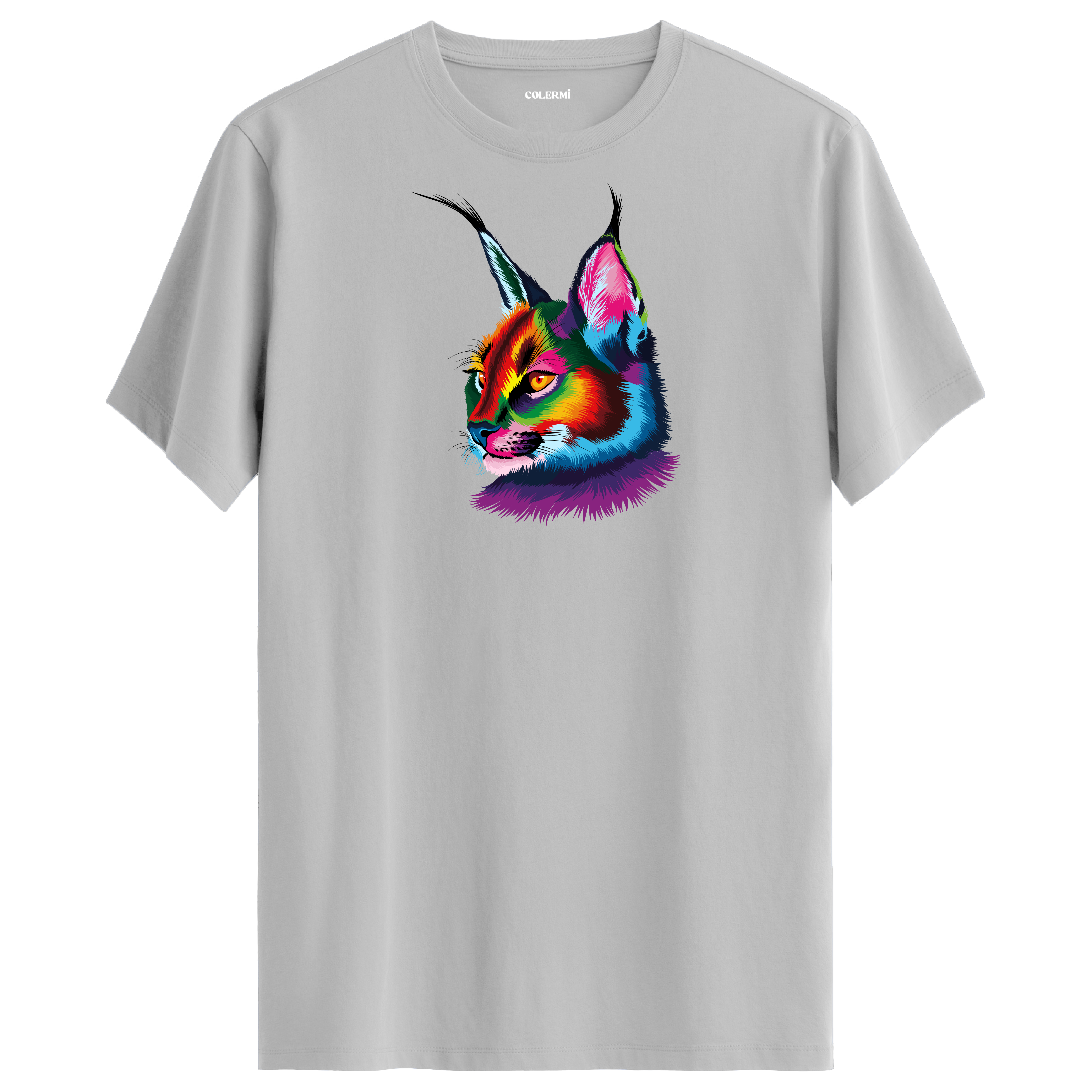 Gri tişört üzerinde renkli karakulak baskısı
