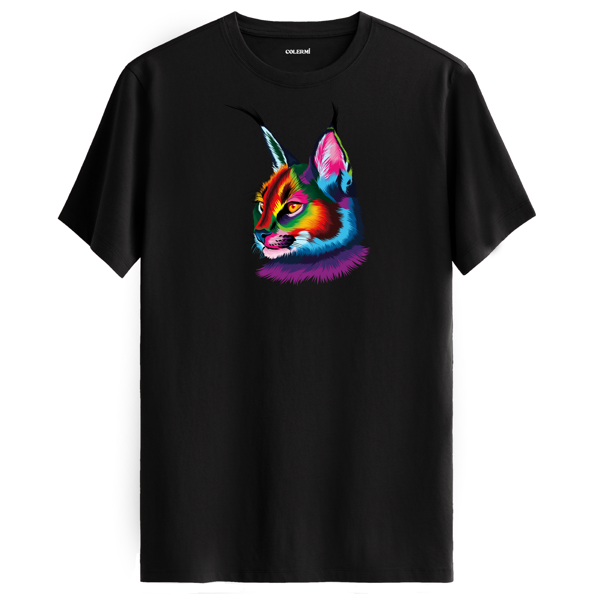 Siyah tişört üzerinde renkli karakulak baskısı
