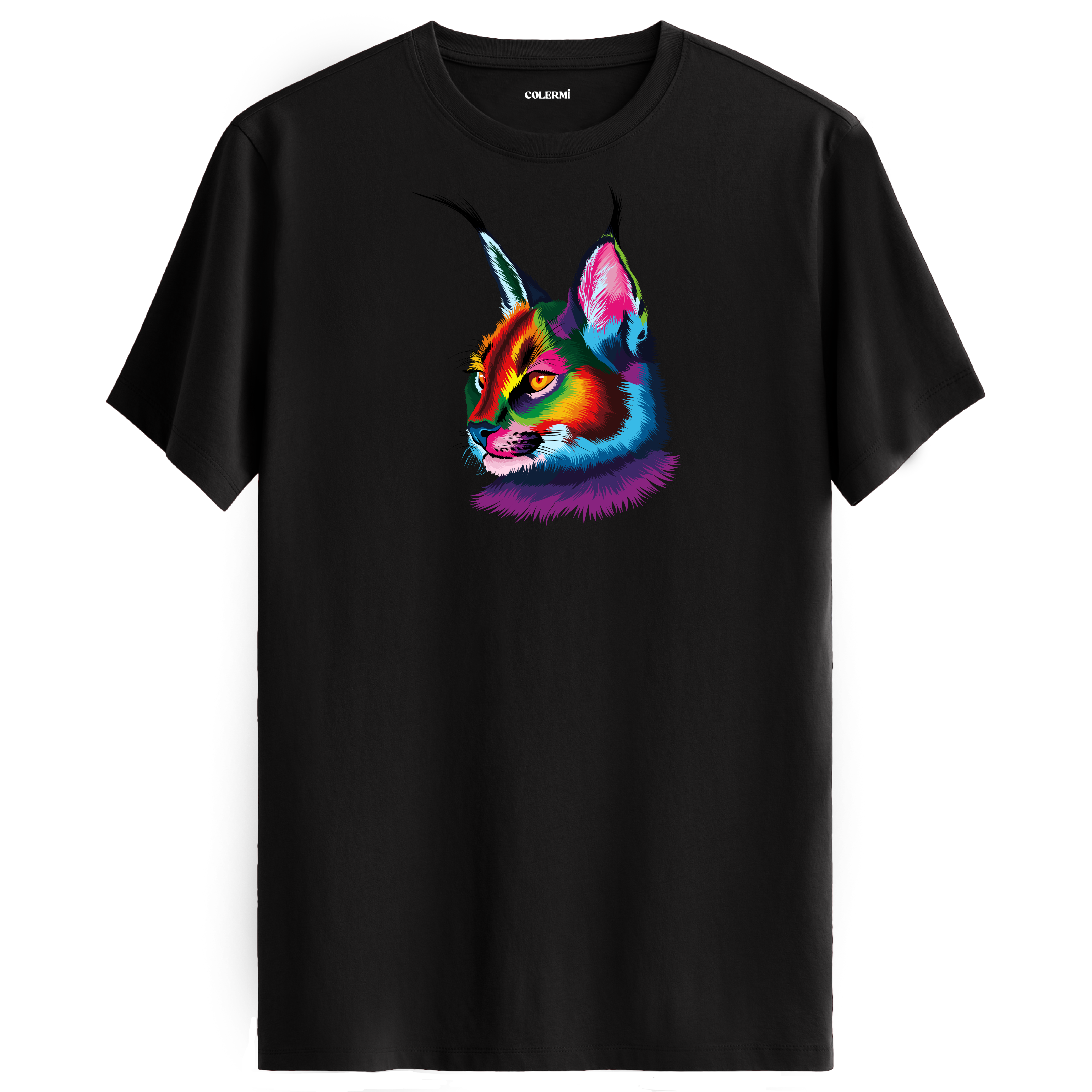 Siyah tişört üzerinde renkli karakulak baskısı