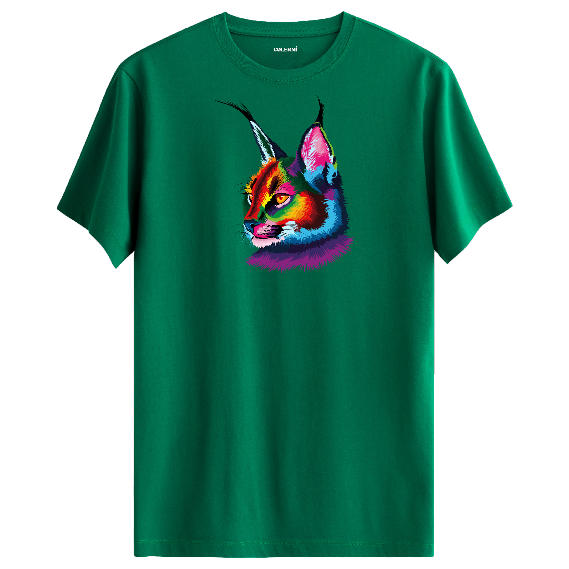 Yeşil tişört üzerinde renkli karakulak baskısı