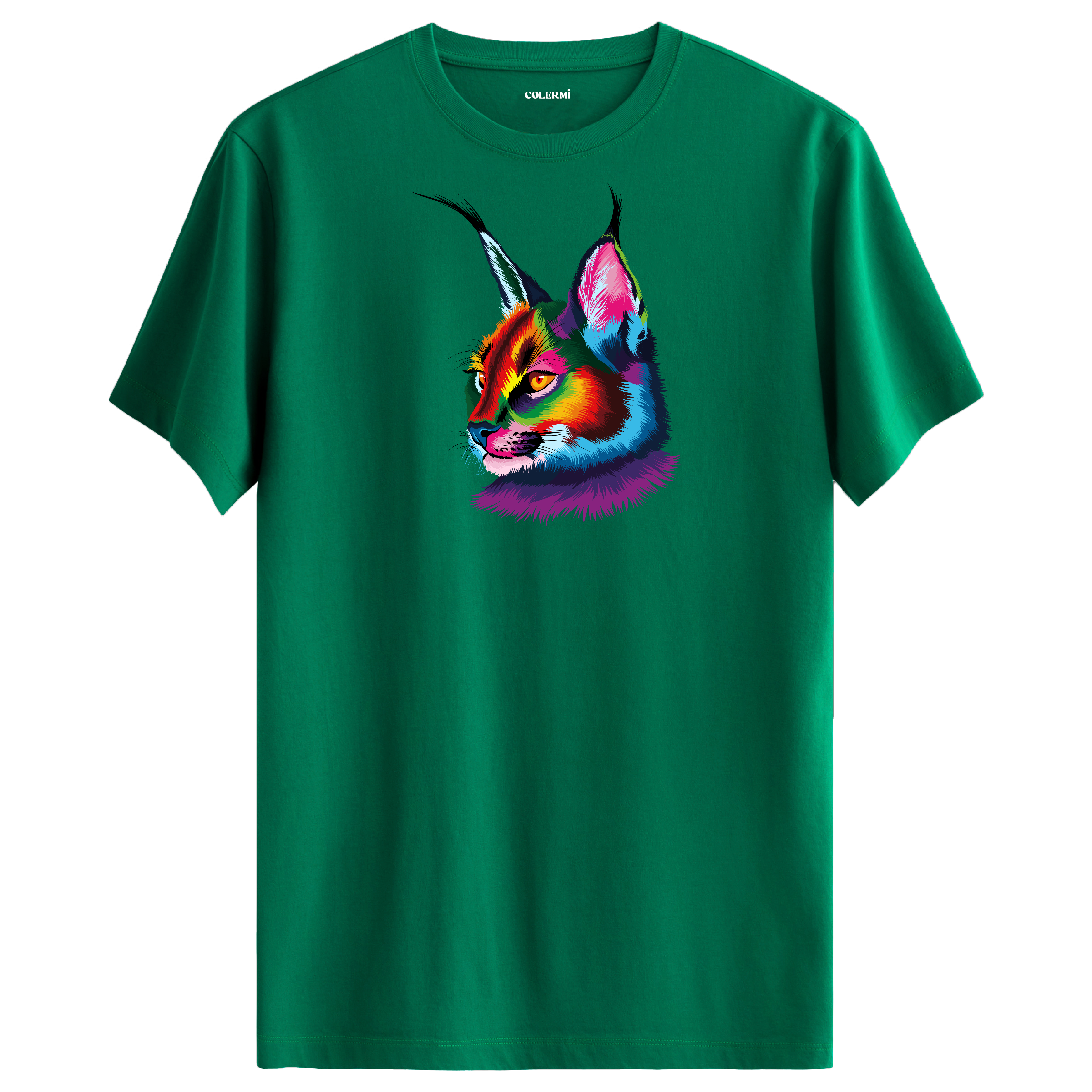 Yeşil tişört üzerinde renkli karakulak baskısı