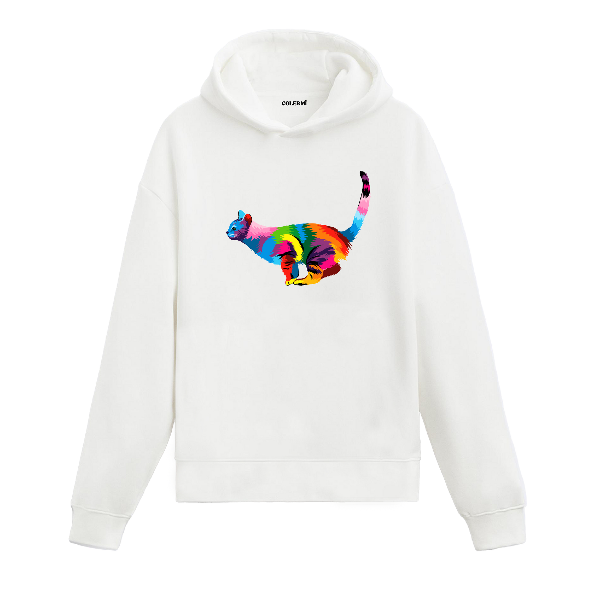 Beyaz hoodie, renkli kedi baskısı, modern pamuklu unisex hoodie