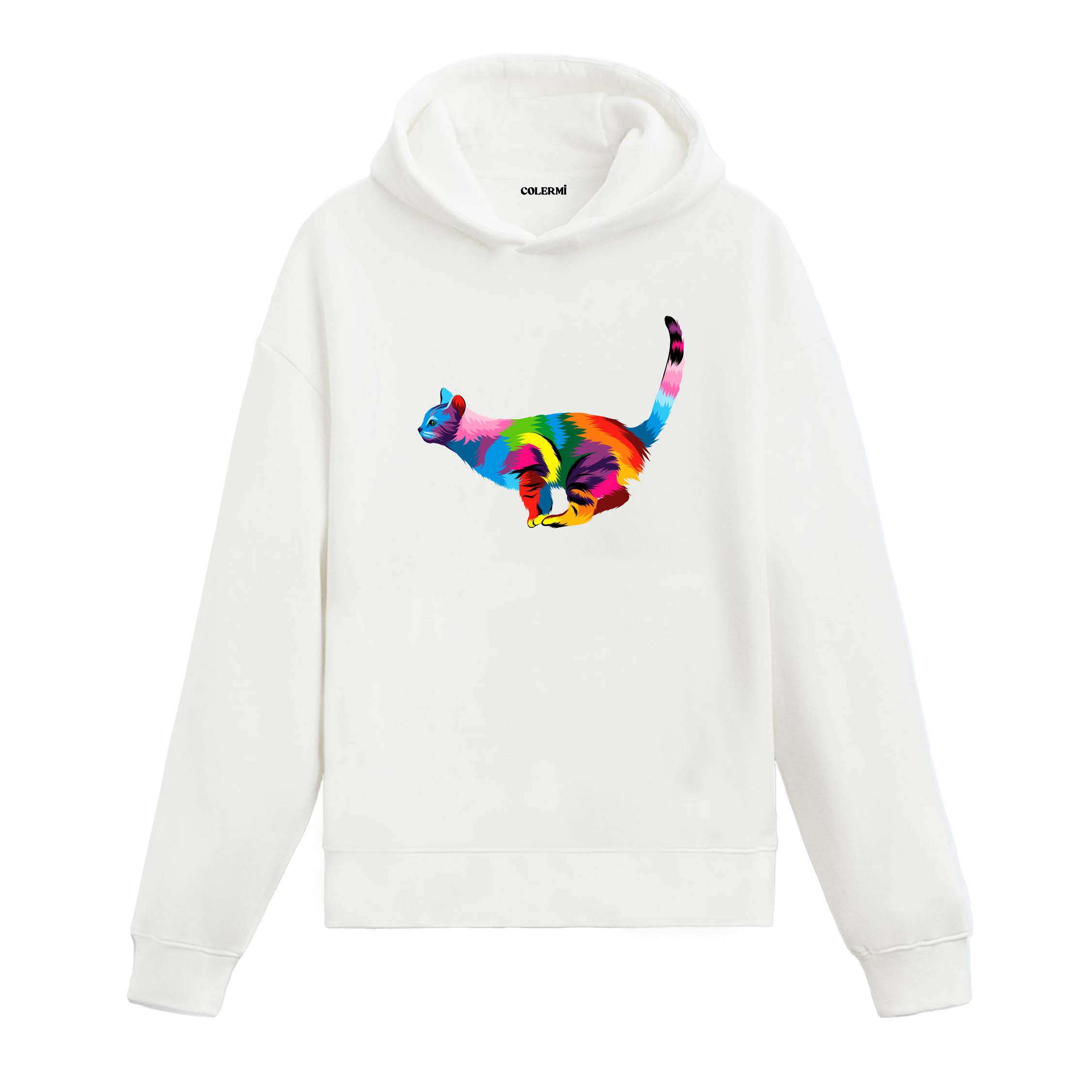 Beyaz hoodie, renkli kedi baskısı, modern pamuklu unisex hoodie