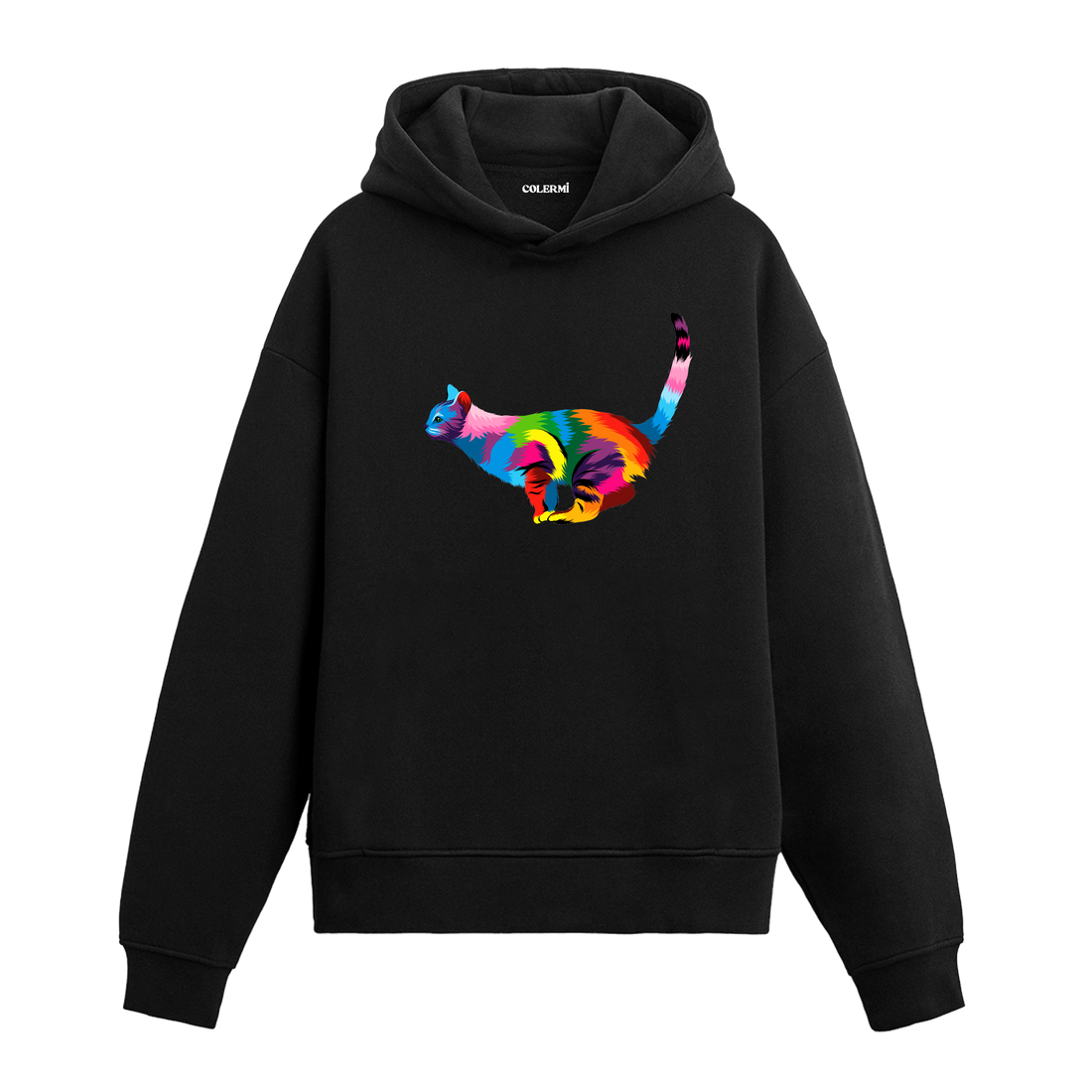Siyah hoodie, gökkuşağı renkli kedi baskısı, pamuklu unisex hoodie