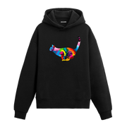 Siyah hoodie, gökkuşağı renkli kedi baskısı, pamuklu unisex hoodie