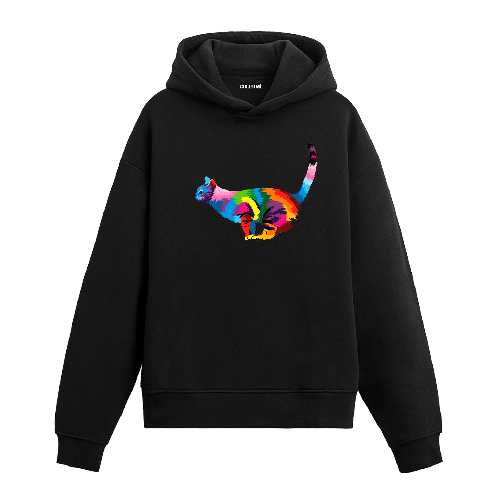 Siyah hoodie, gökkuşağı renkli kedi baskısı, pamuklu unisex hoodie
