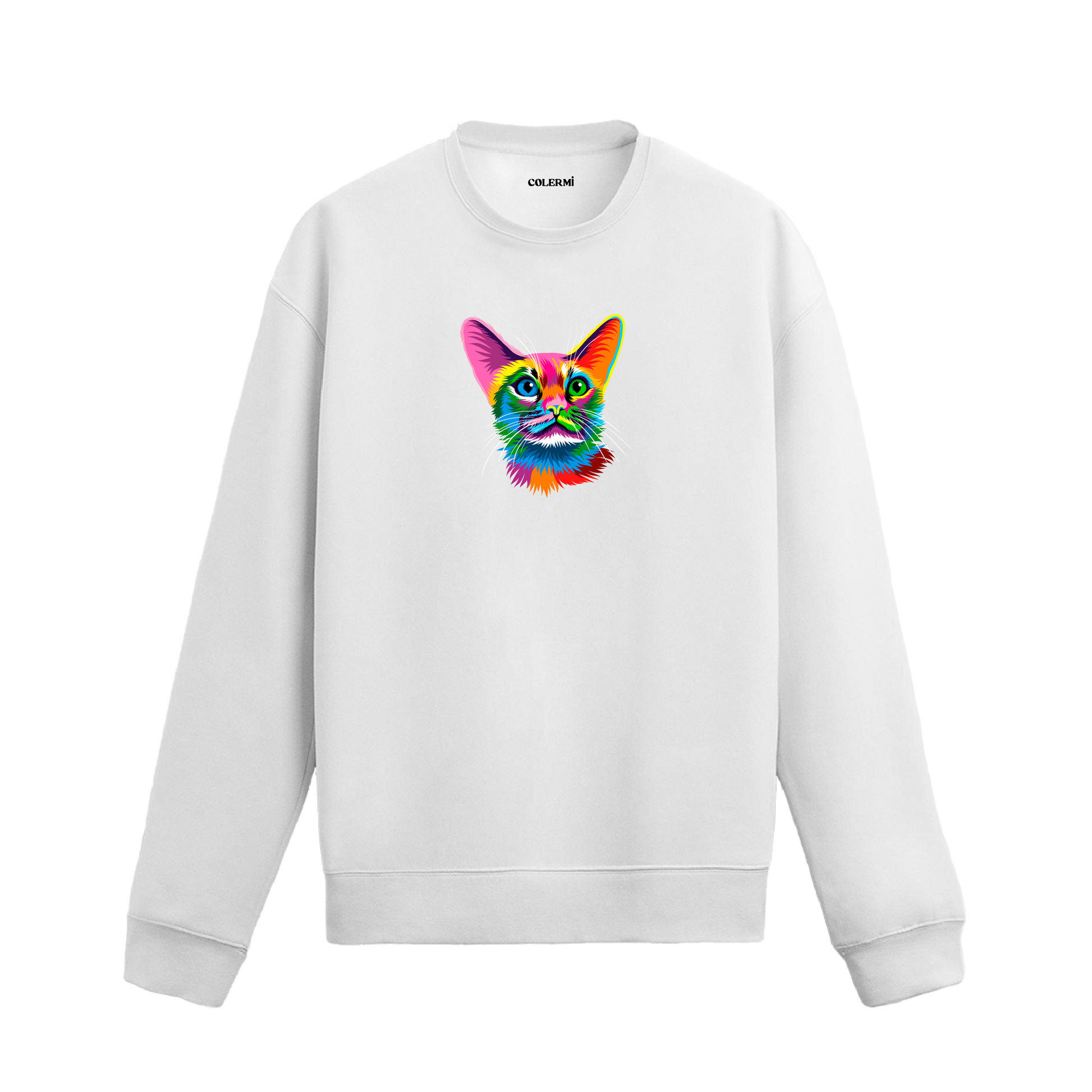 beyaz sweatshirt üzerinde öne bakan renkli kedi tasarımı.