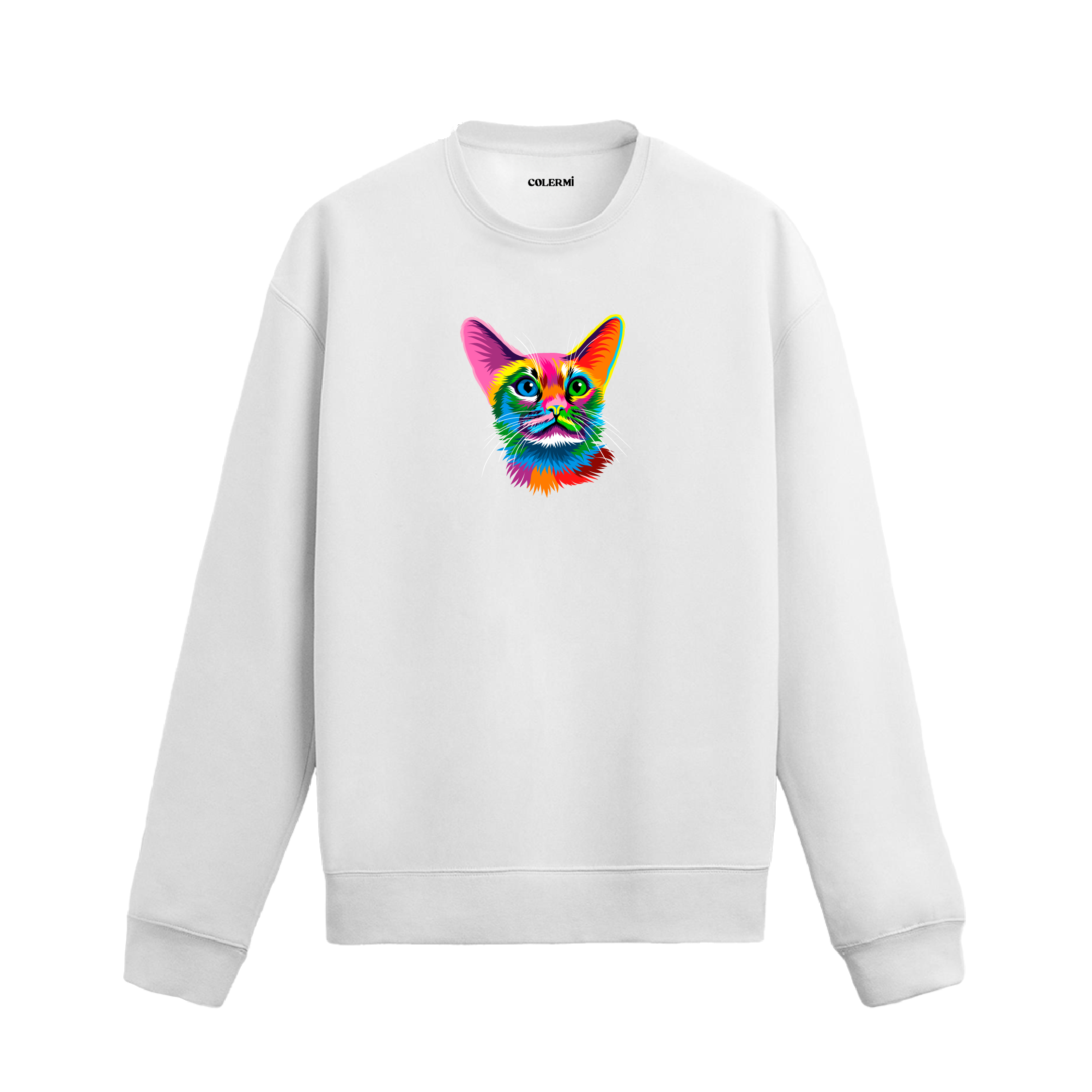 beyaz sweatshirt üzerinde öne bakan renkli kedi tasarımı.