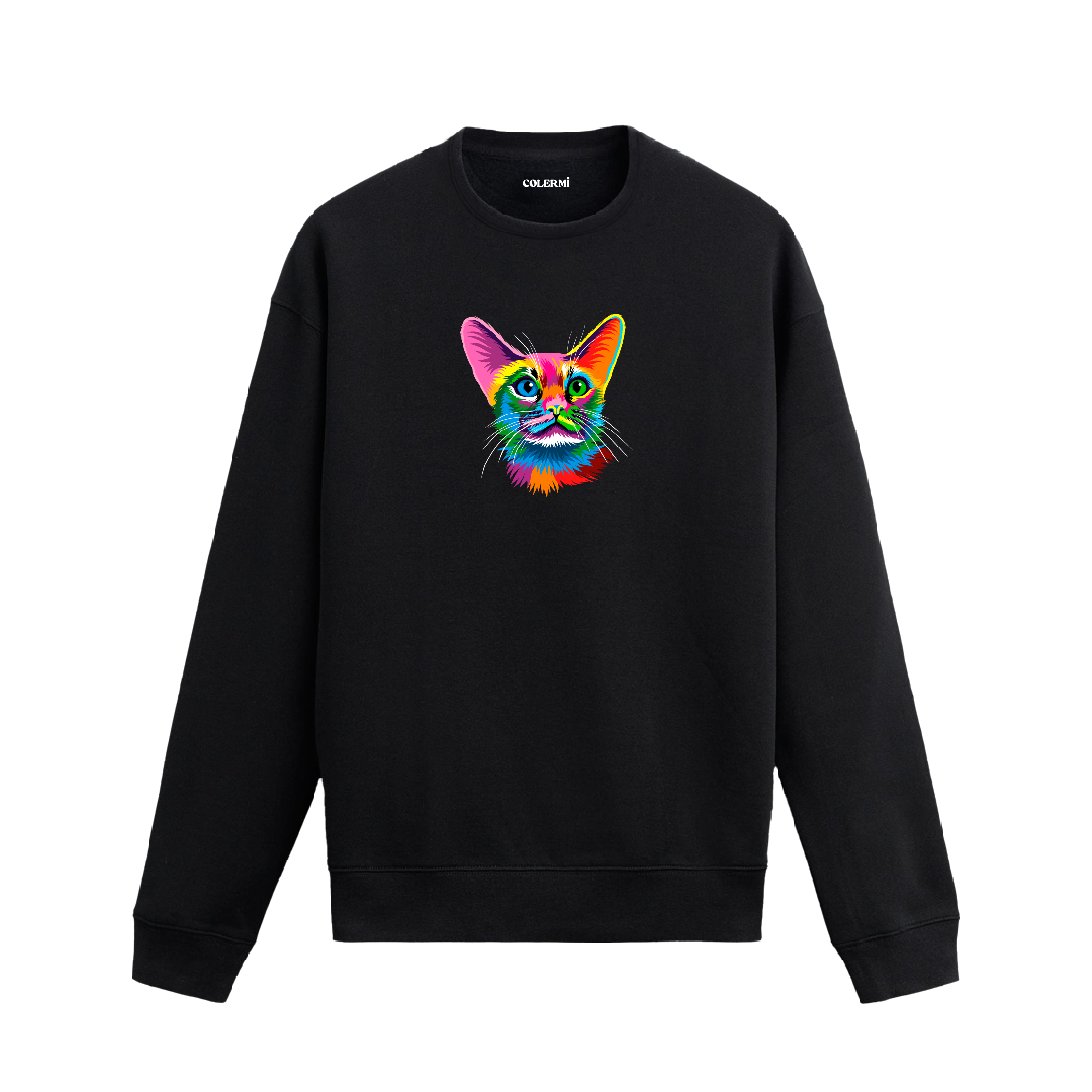 Siyah sweatshirt üzerinde öne bakan renkli kedi tasarımı.