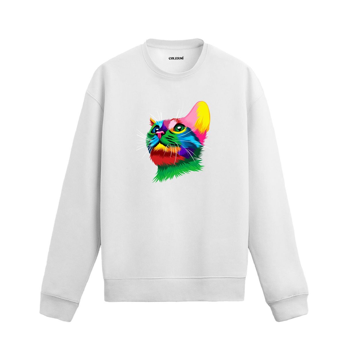 beyaz sweatshirt üzerinde renkli kedi tasarımı.