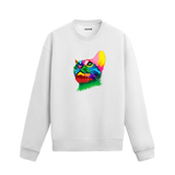 beyaz sweatshirt üzerinde renkli kedi tasarımı.