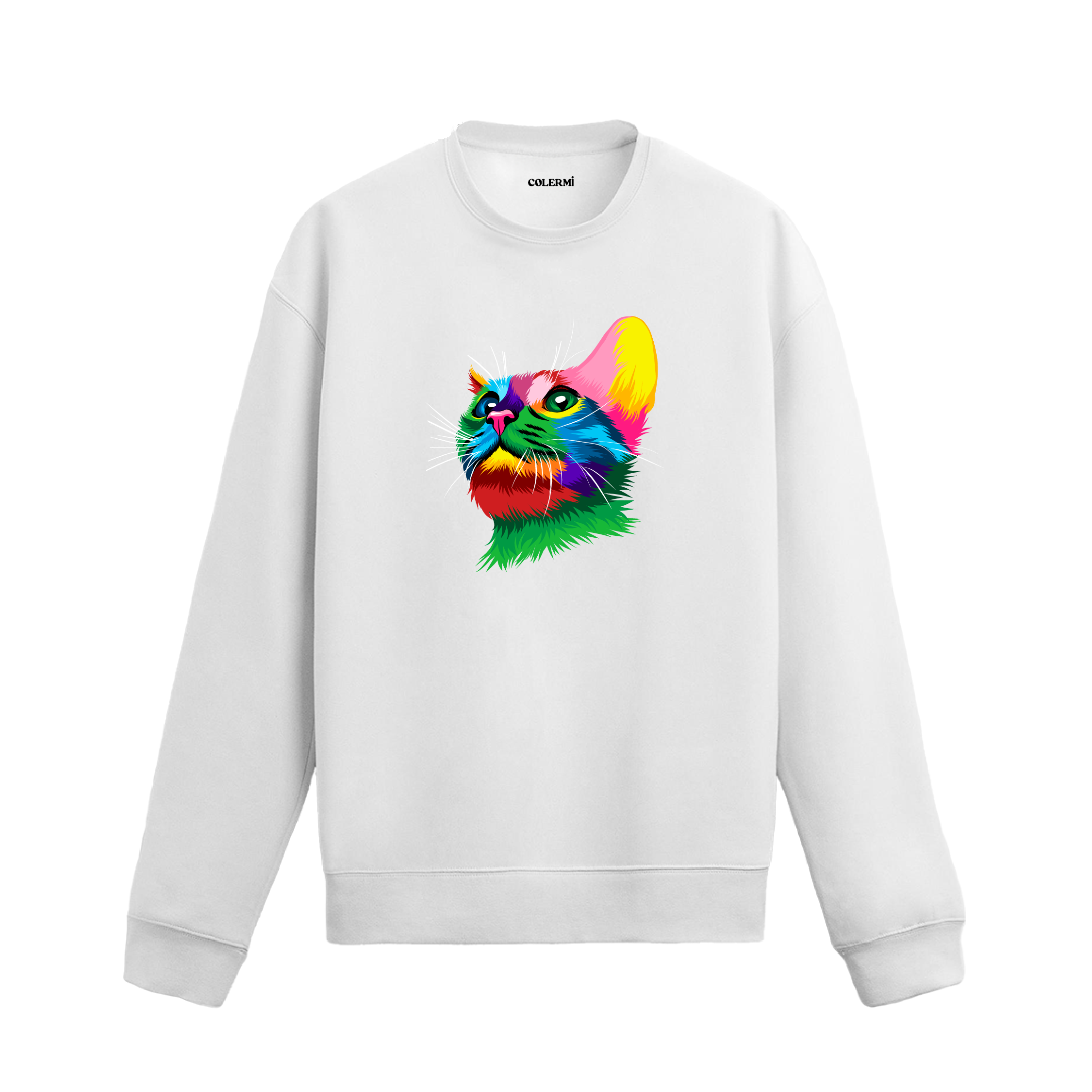 beyaz sweatshirt üzerinde renkli kedi tasarımı.