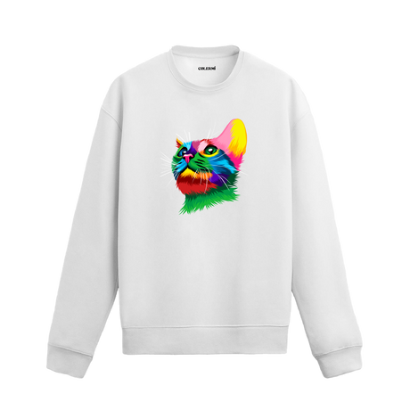 beyaz sweatshirt üzerinde renkli kedi tasarımı.