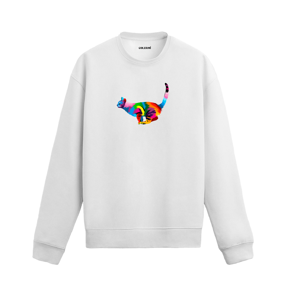 beyaz sweatshirt üzerinde sanatsal renkli kedi baskısı.