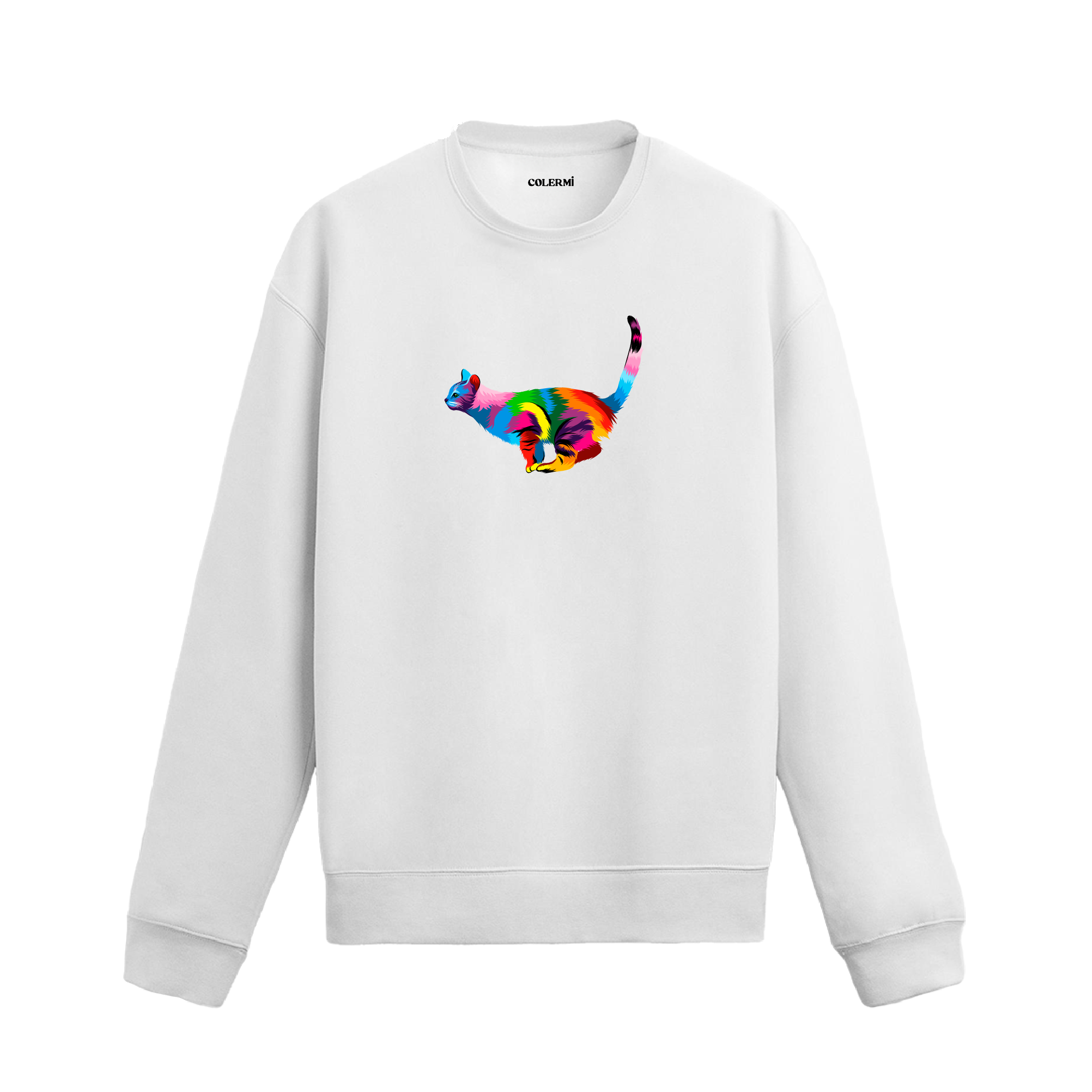 beyaz sweatshirt üzerinde sanatsal renkli kedi baskısı.