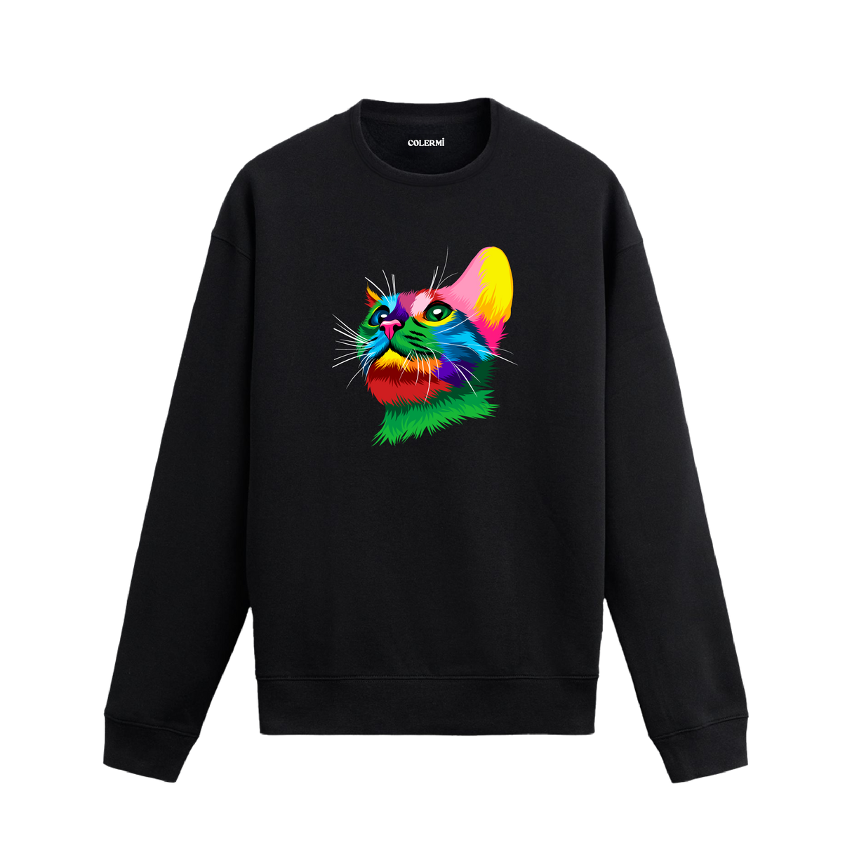 Siyah sweatshirt üzerinde renkli kedi tasarımı.