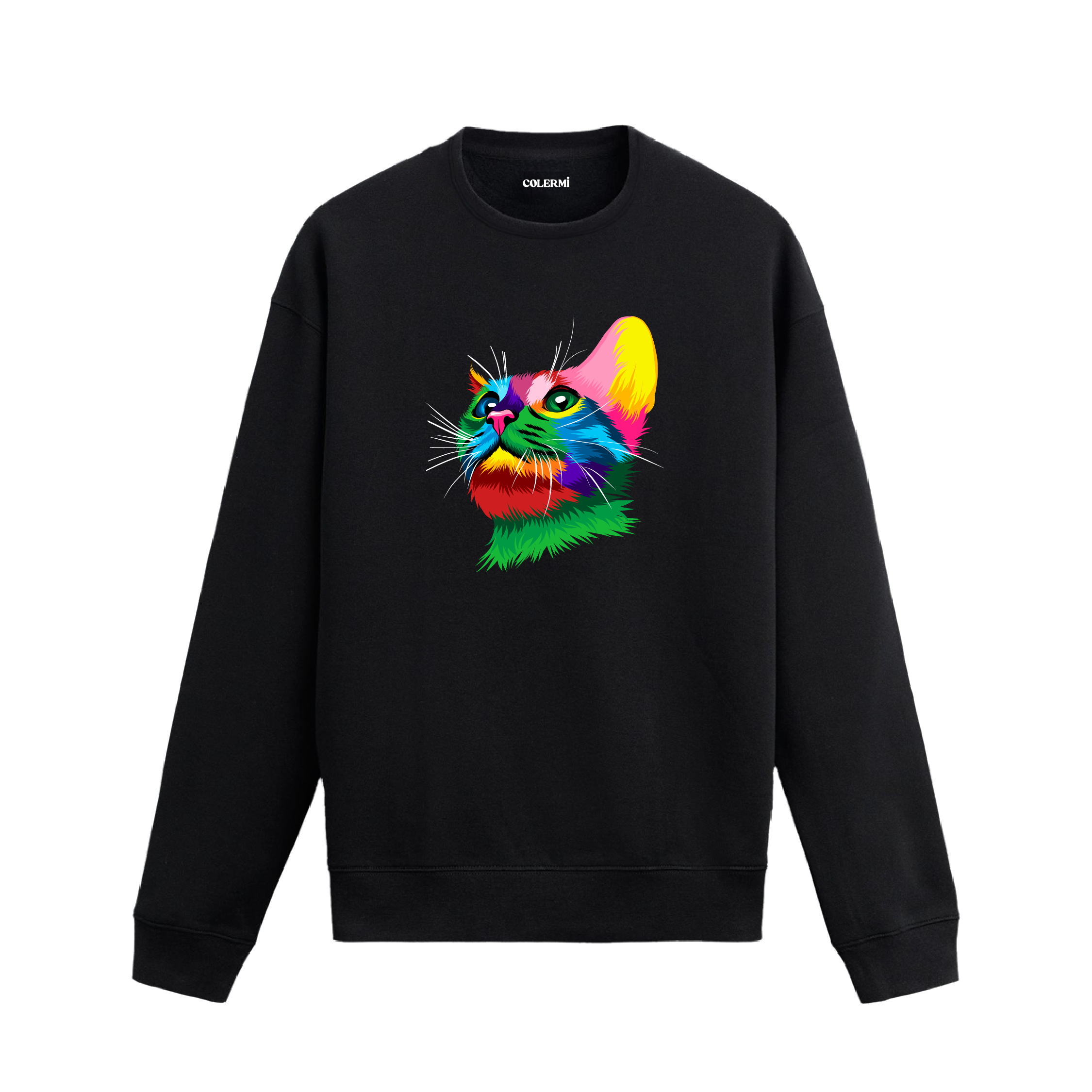 Siyah sweatshirt üzerinde renkli kedi tasarımı.
