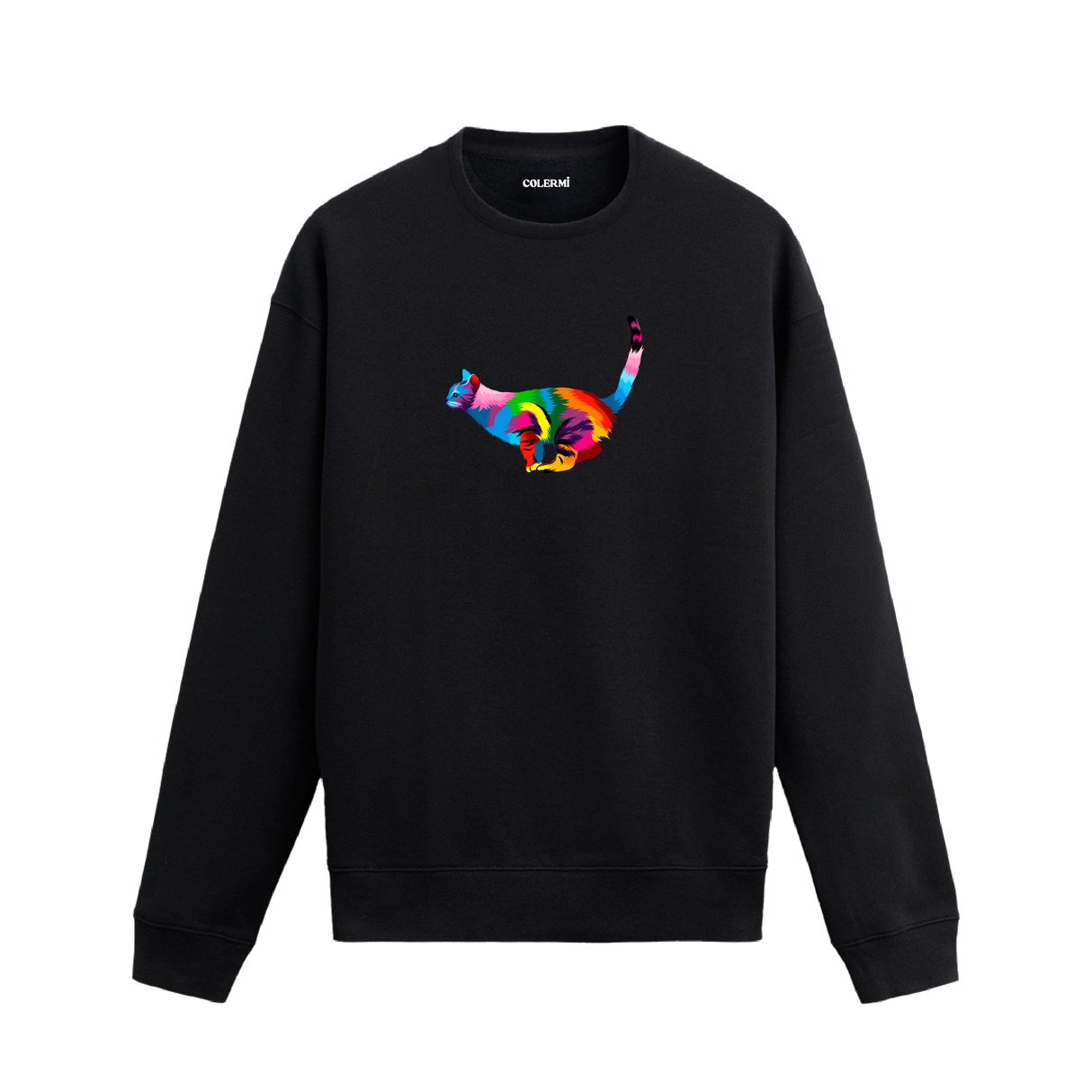 Siyah sweatshirt üzerinde sanatsal renkli kedi baskısı.