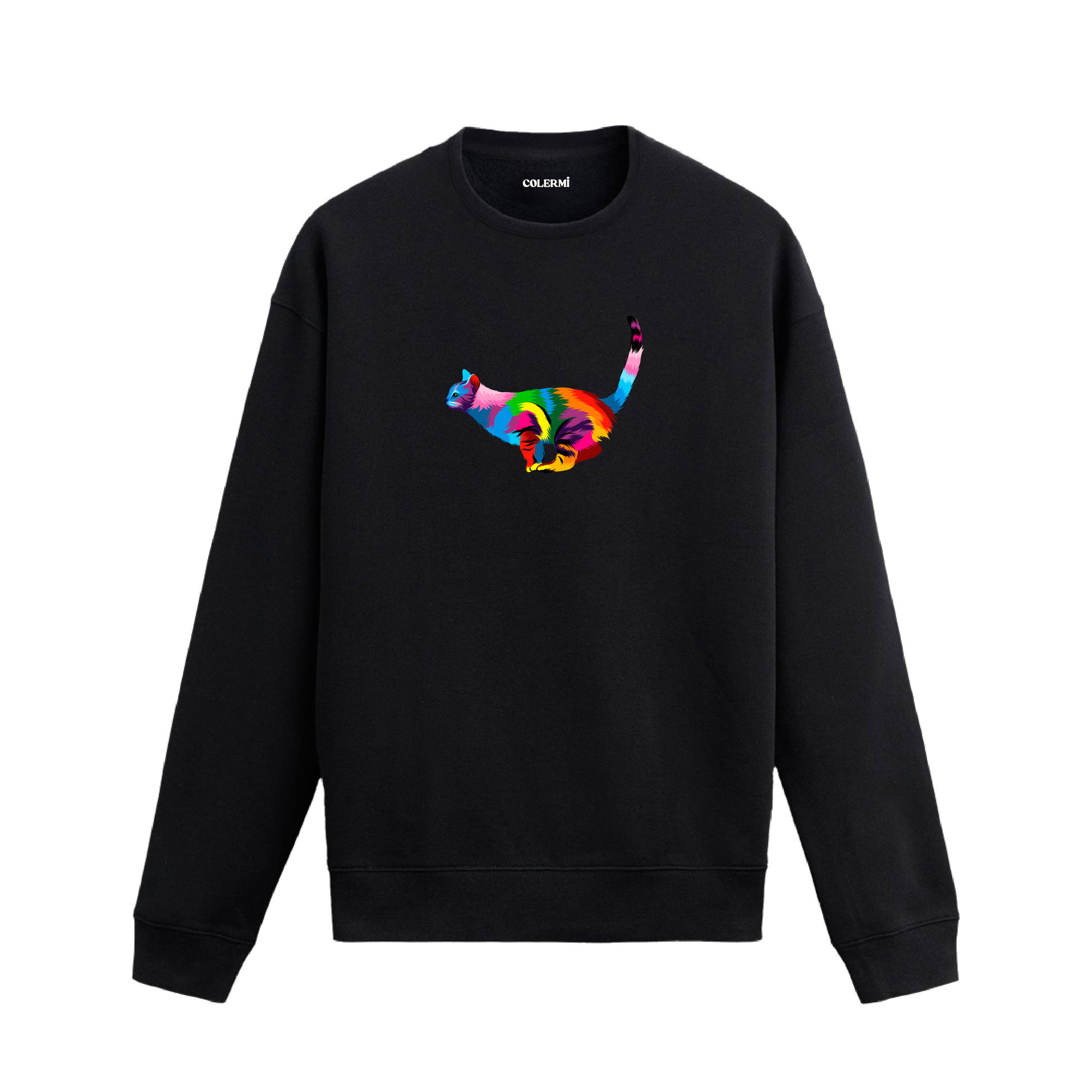 Siyah sweatshirt üzerinde sanatsal renkli kedi baskısı.