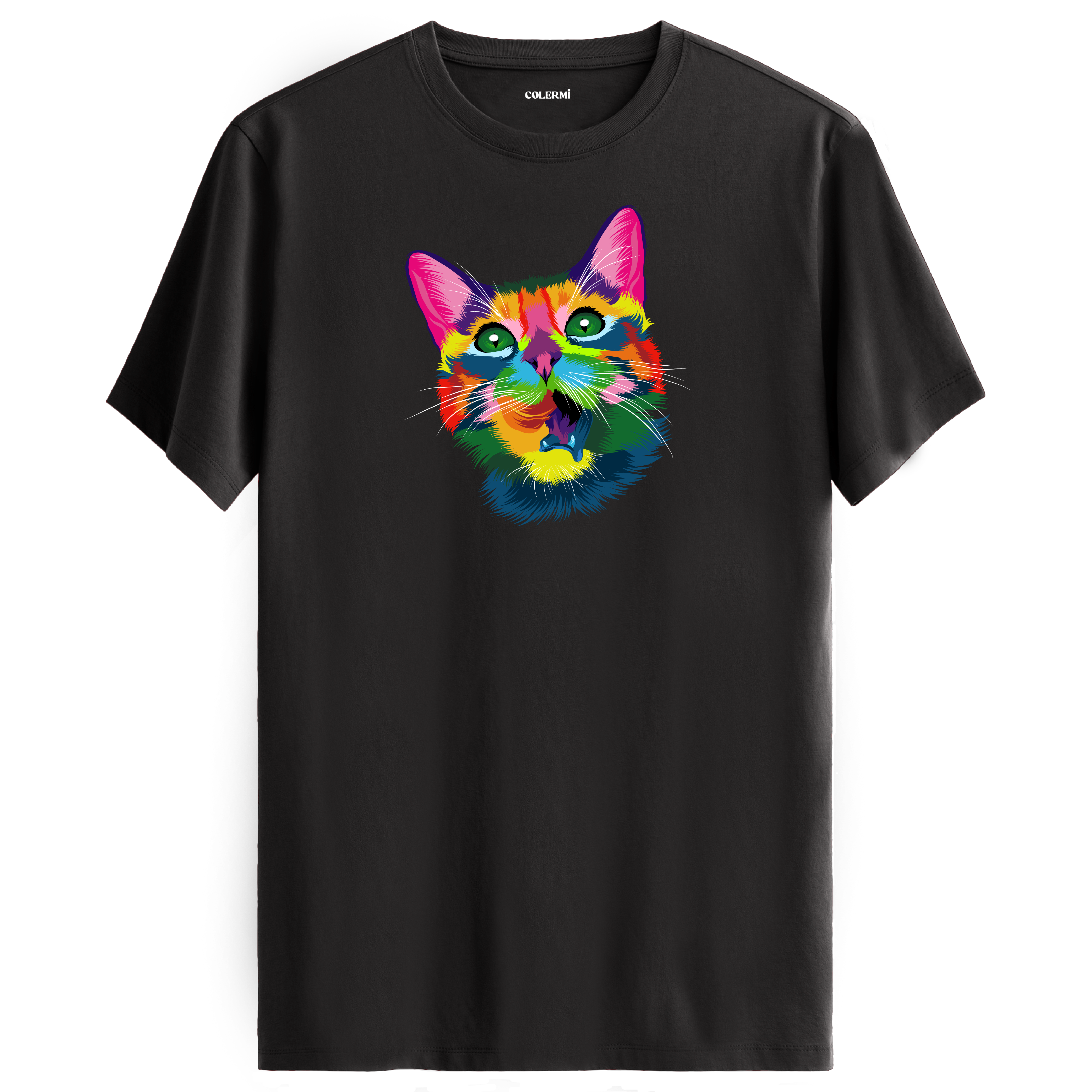 Antrasit tişört üzerinde renkli Kiko kedi baskısı