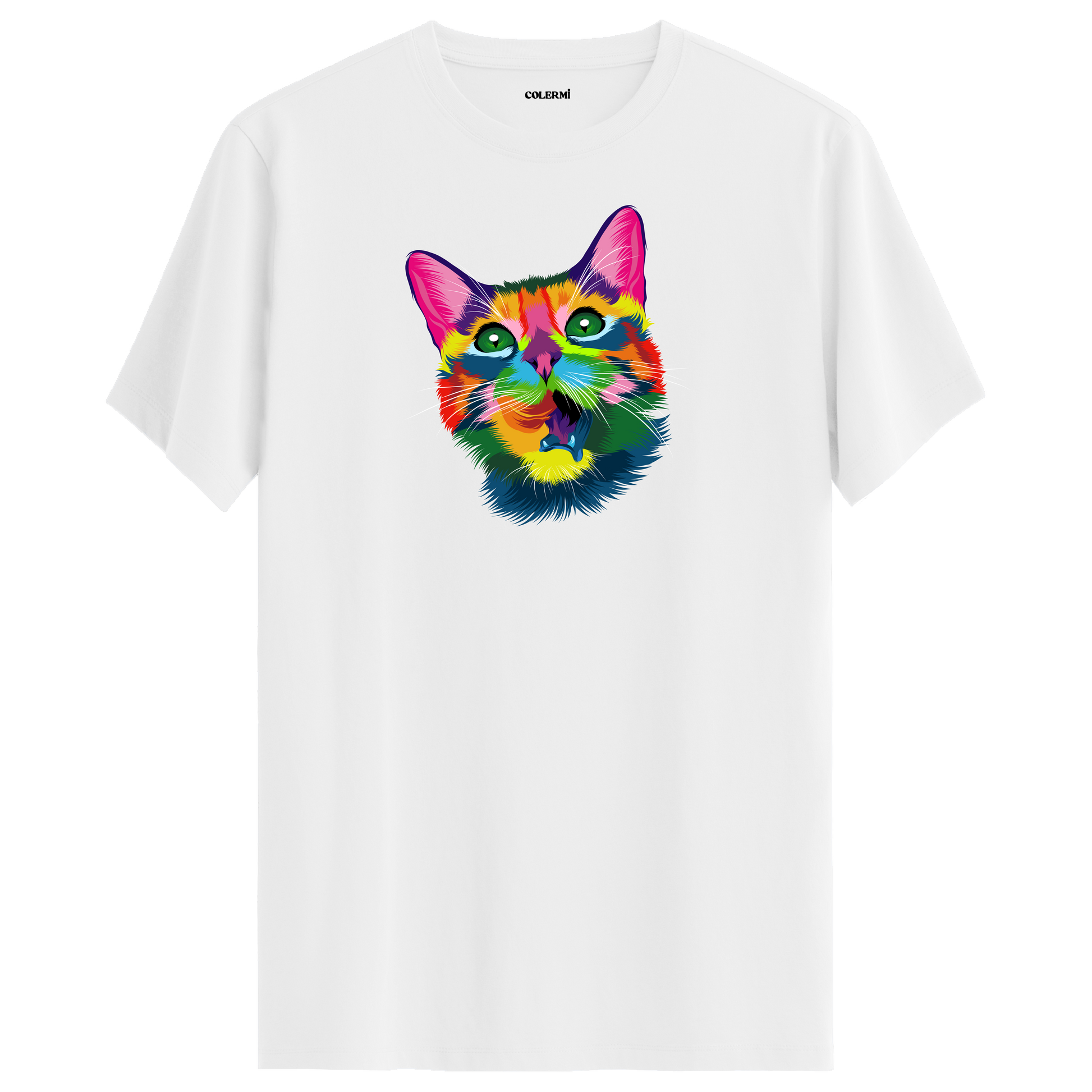 Beyaz tişört üzerinde renkli Kiko kedi baskısı