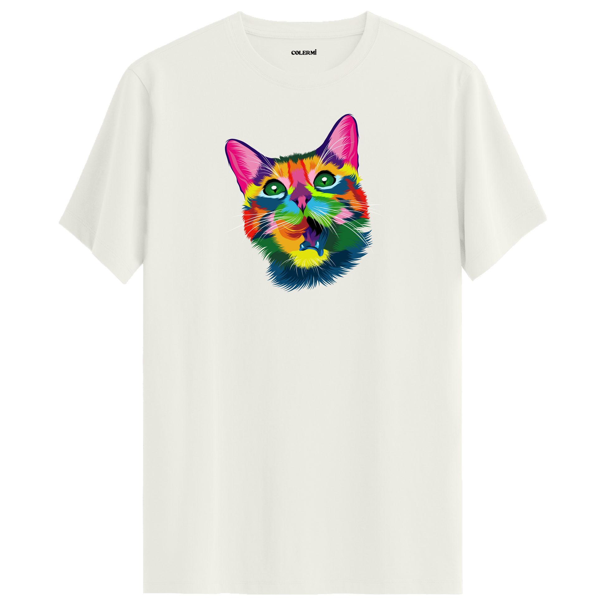 Ekru tişört üzerinde renkli Kiko kedi baskısı