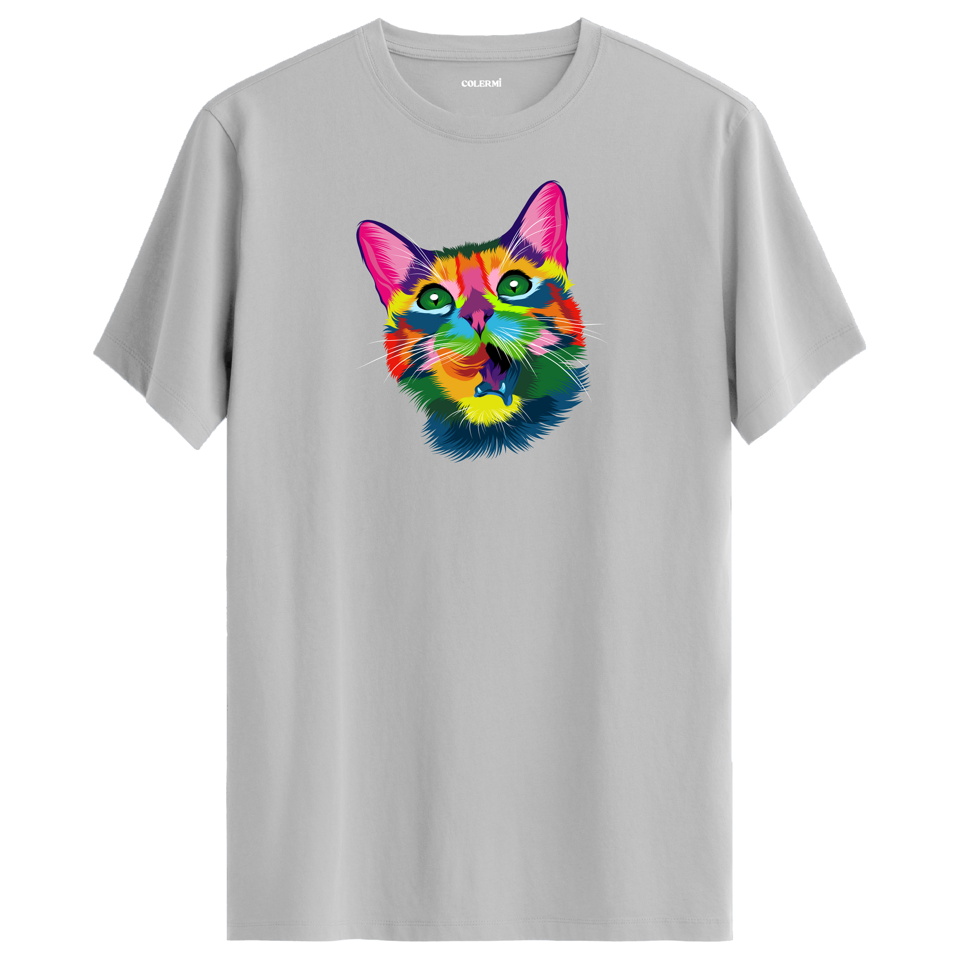 Gri tişört üzerinde renkli Kiko kedi baskısı