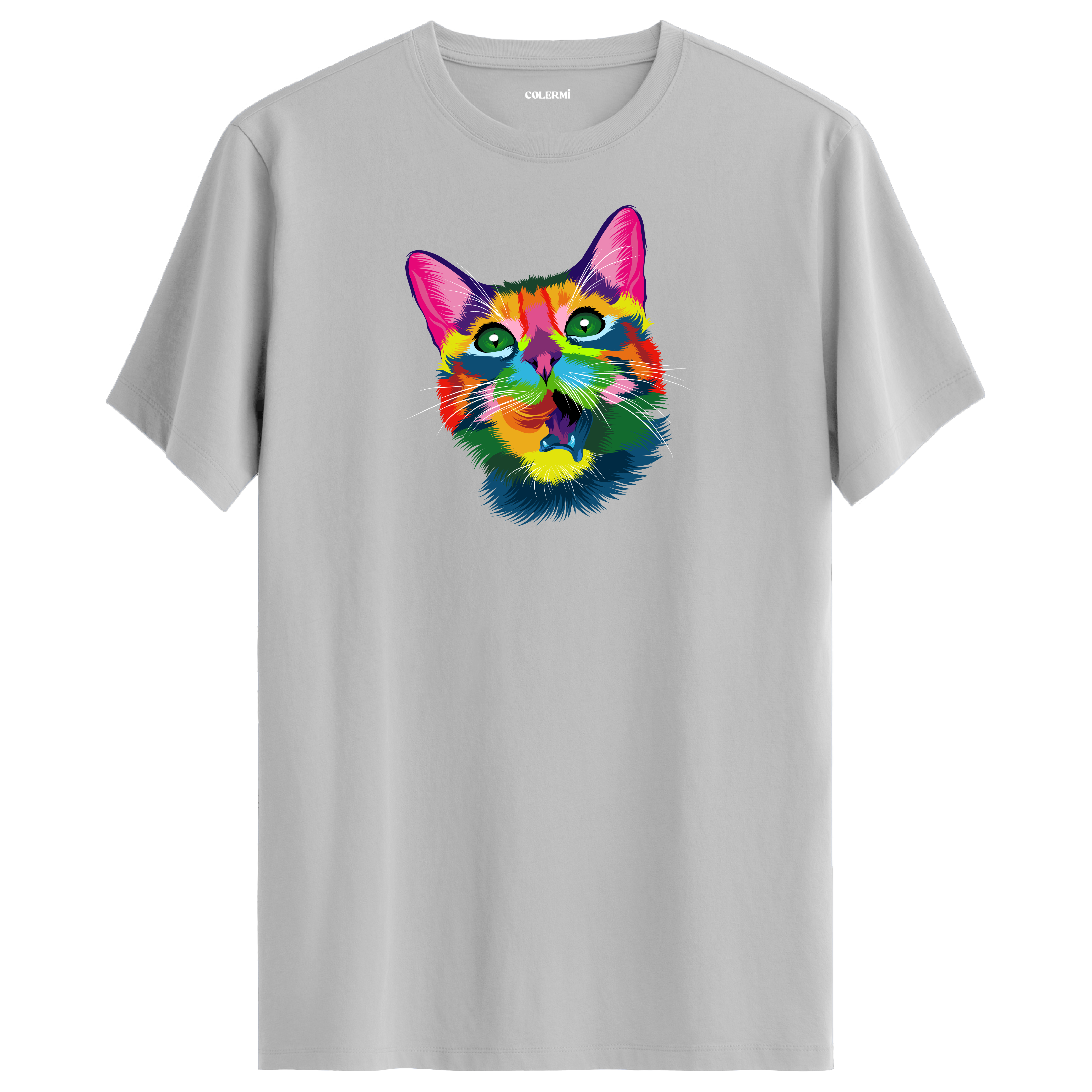 Gri tişört üzerinde renkli Kiko kedi baskısı