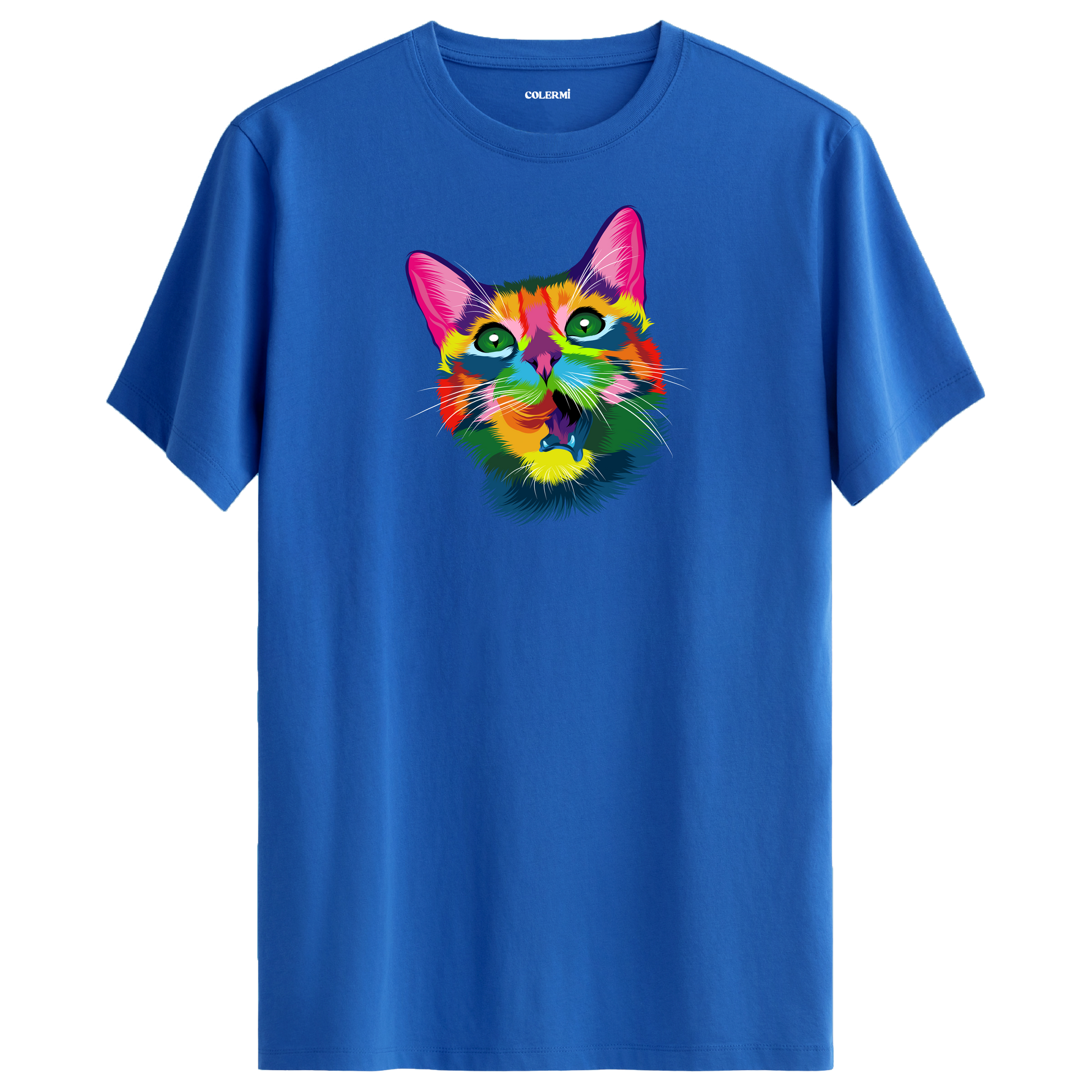Mavi tişört üzerinde renkli Kiko kedi baskısı
