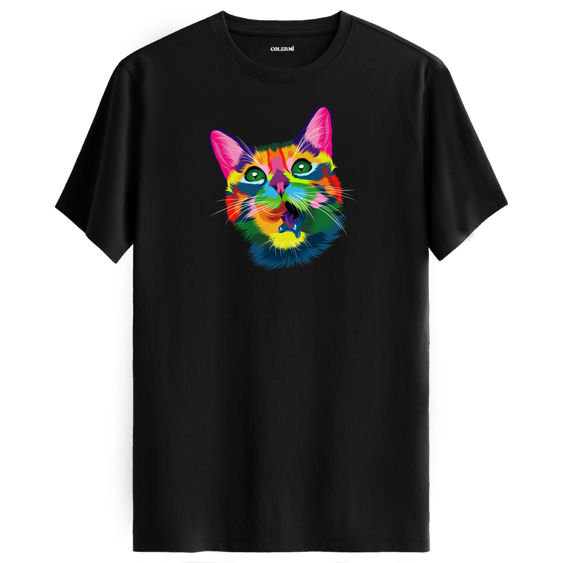 Siyah tişört üzerinde renkli Kiko kedi baskısı