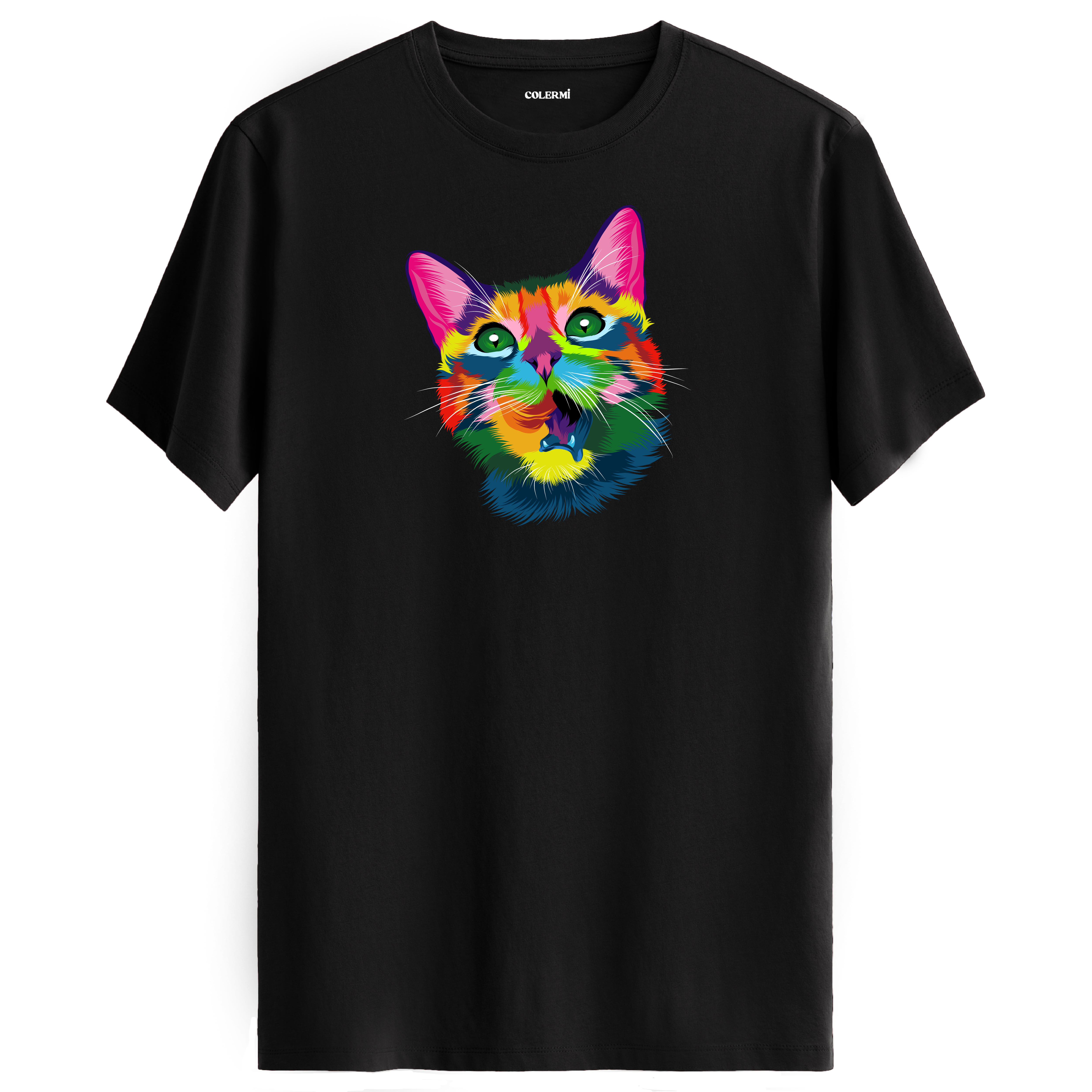 Siyah tişört üzerinde renkli Kiko kedi baskısı