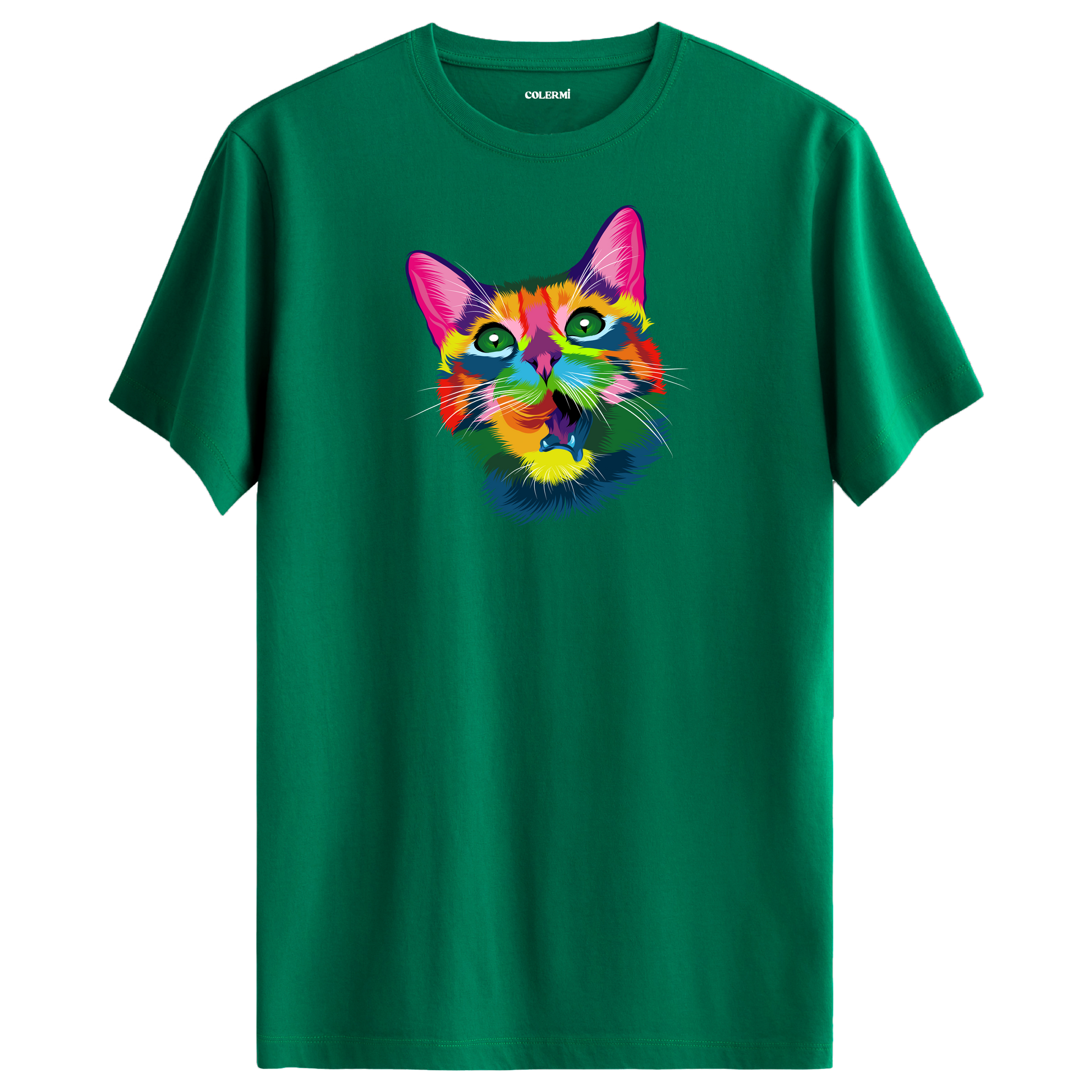 Yeşil tişört üzerinde renkli Kiko kedi baskısı