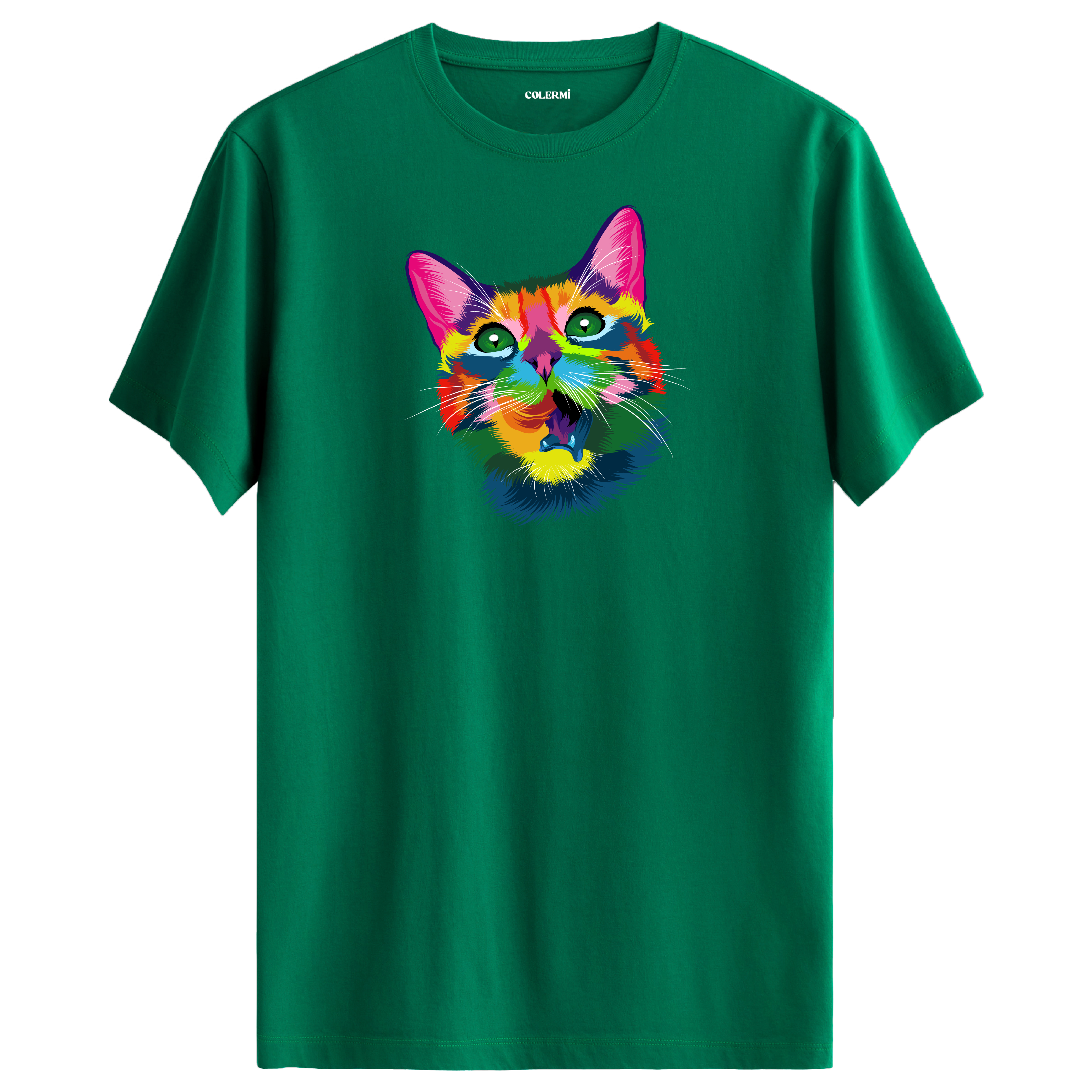 Yeşil tişört üzerinde renkli Kiko kedi baskısı