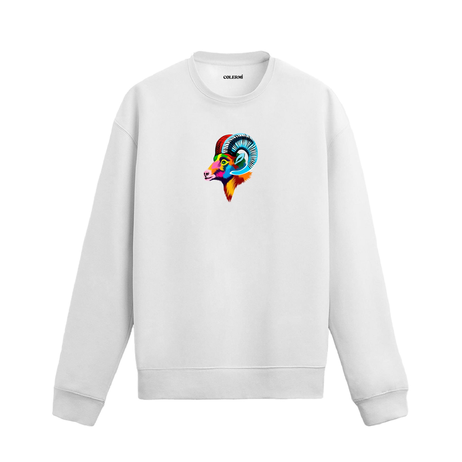 Siyah sweatshirt üzerinde renkli sanatsal koç başı tasarımı.