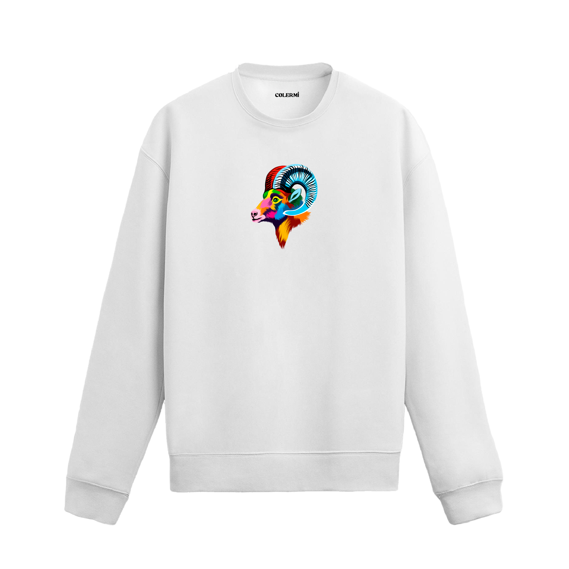 Siyah sweatshirt üzerinde renkli sanatsal koç başı tasarımı.