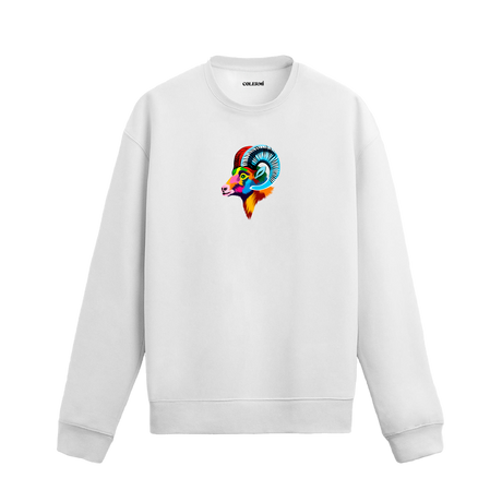 Siyah sweatshirt üzerinde renkli sanatsal koç başı tasarımı.