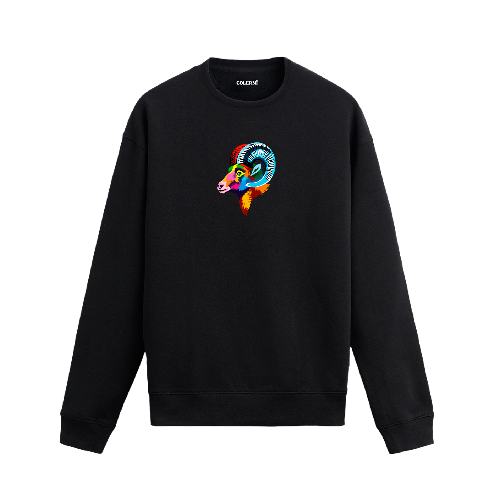 Siyah sweatshirt üzerinde renkli sanatsal koç başı tasarımı.