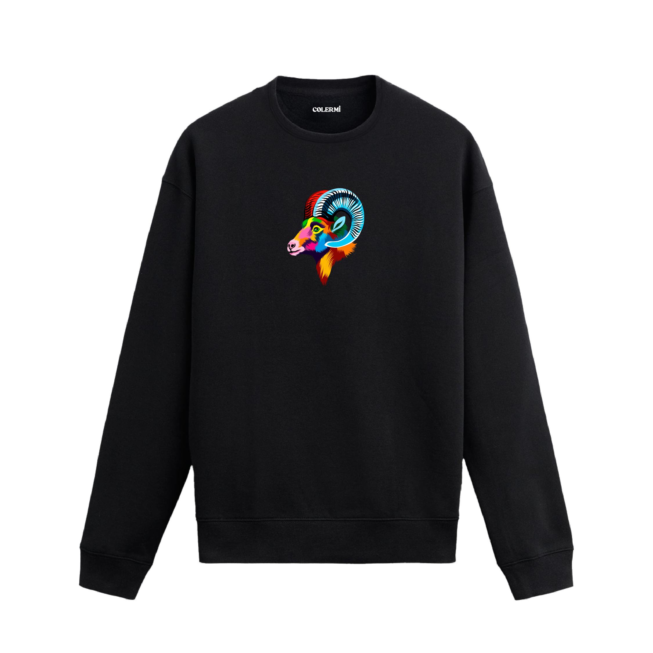 Siyah sweatshirt üzerinde renkli sanatsal koç başı tasarımı.