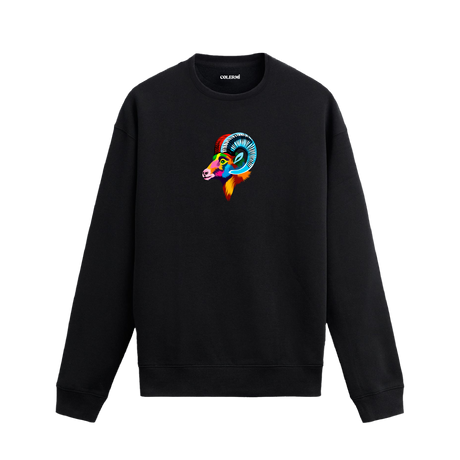 Siyah sweatshirt üzerinde renkli sanatsal koç başı tasarımı.