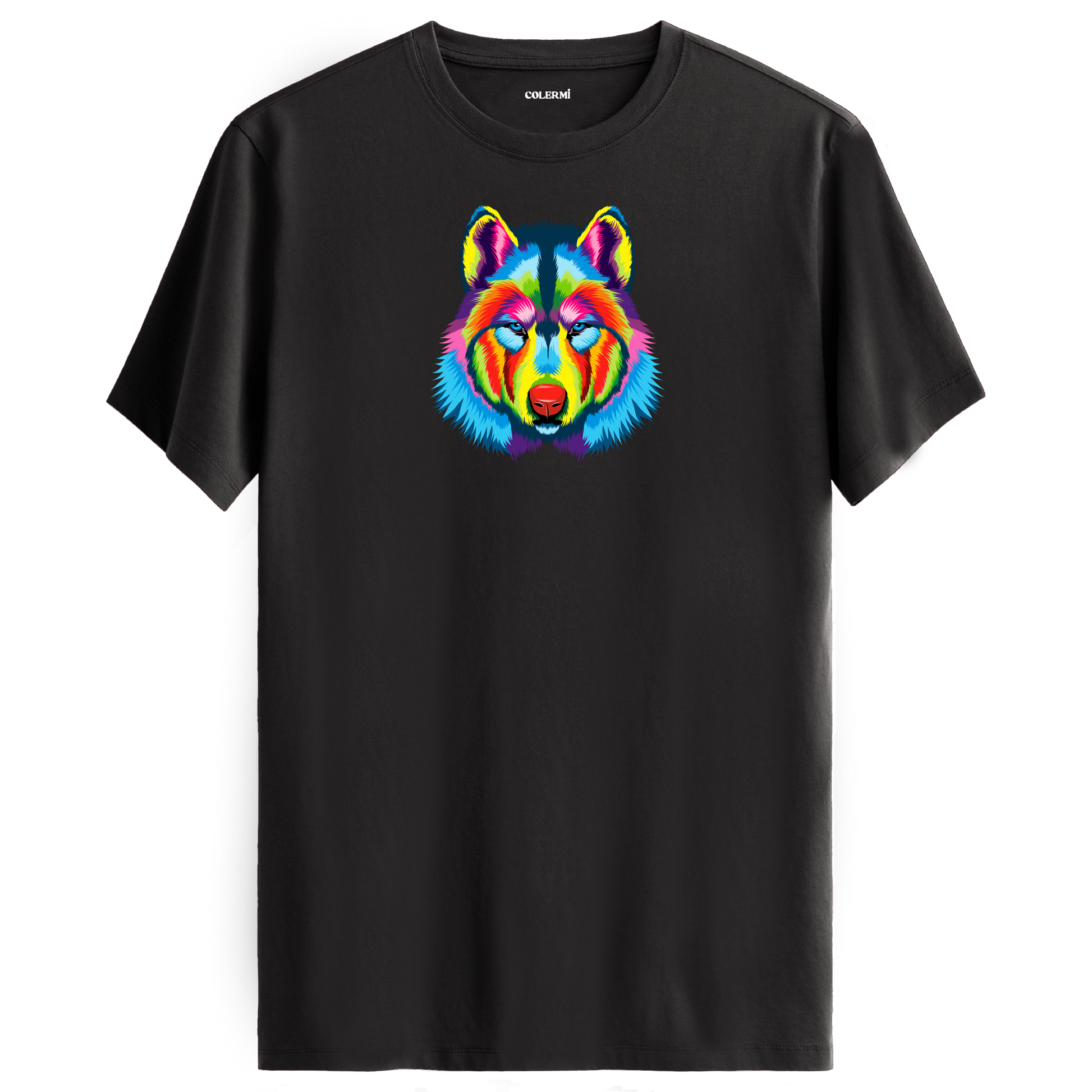 Antrasit tişört üzerinde renkli kurt baskısı