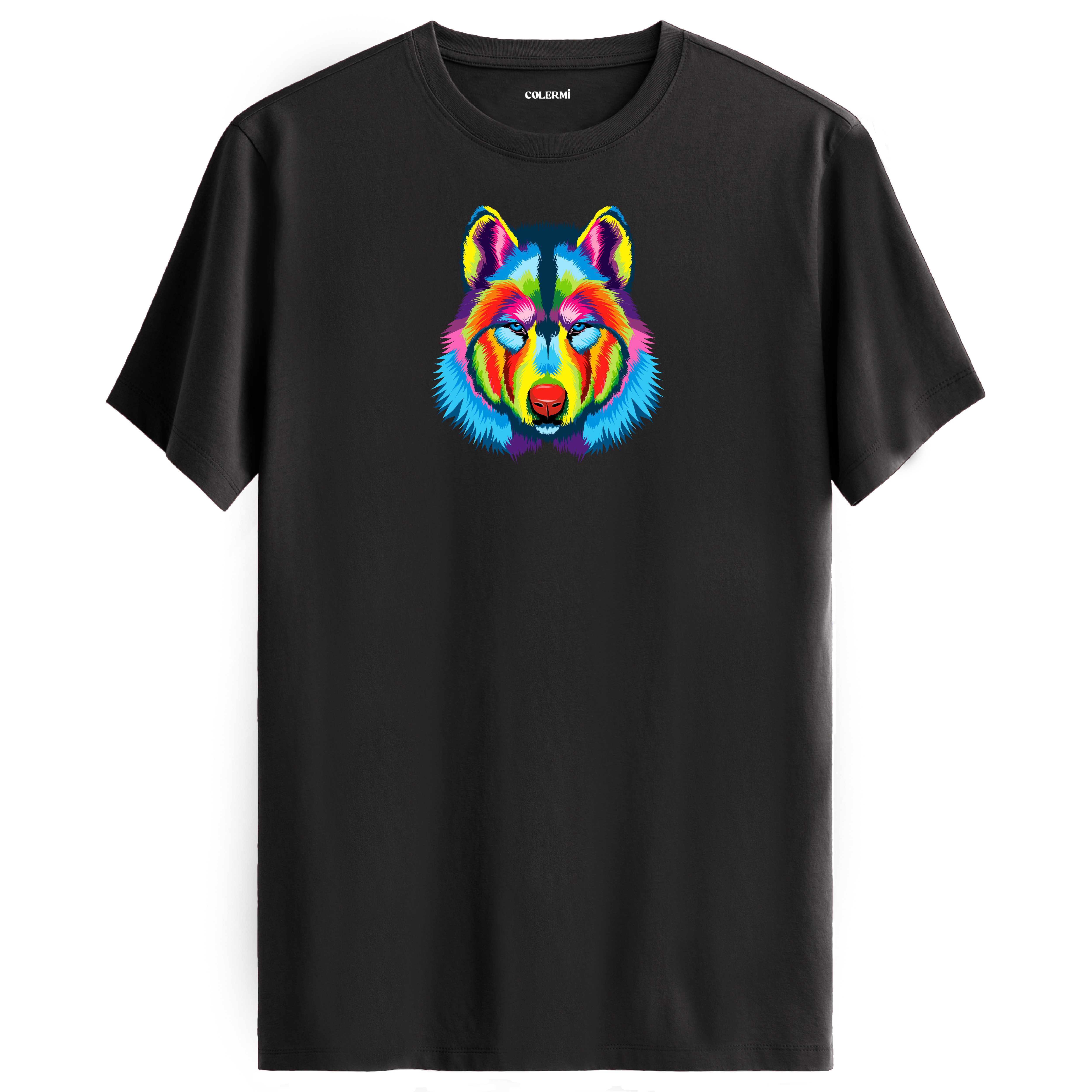 Antrasit tişört üzerinde renkli kurt baskısı