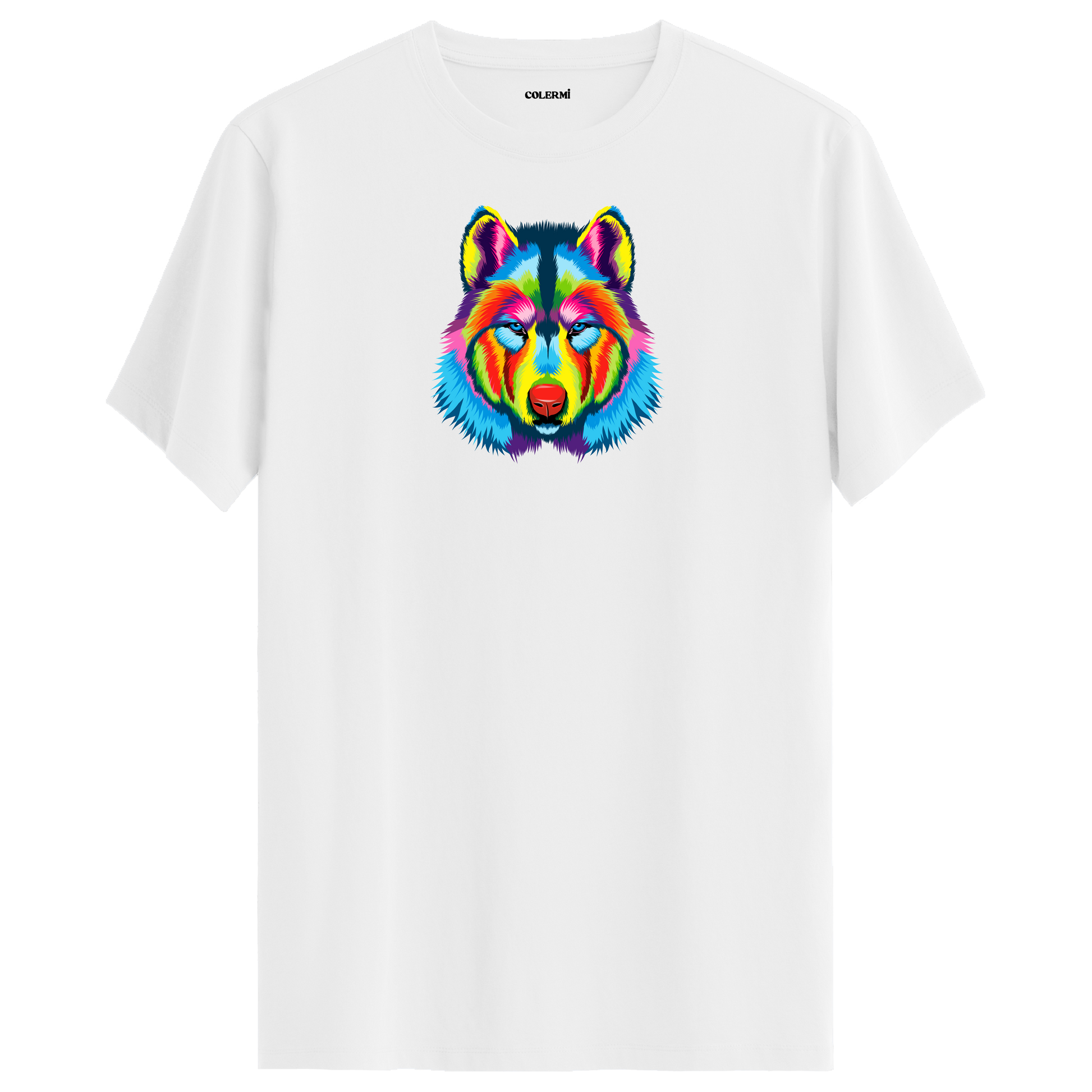 Beyaz tişört üzerinde renkli kurt baskısı