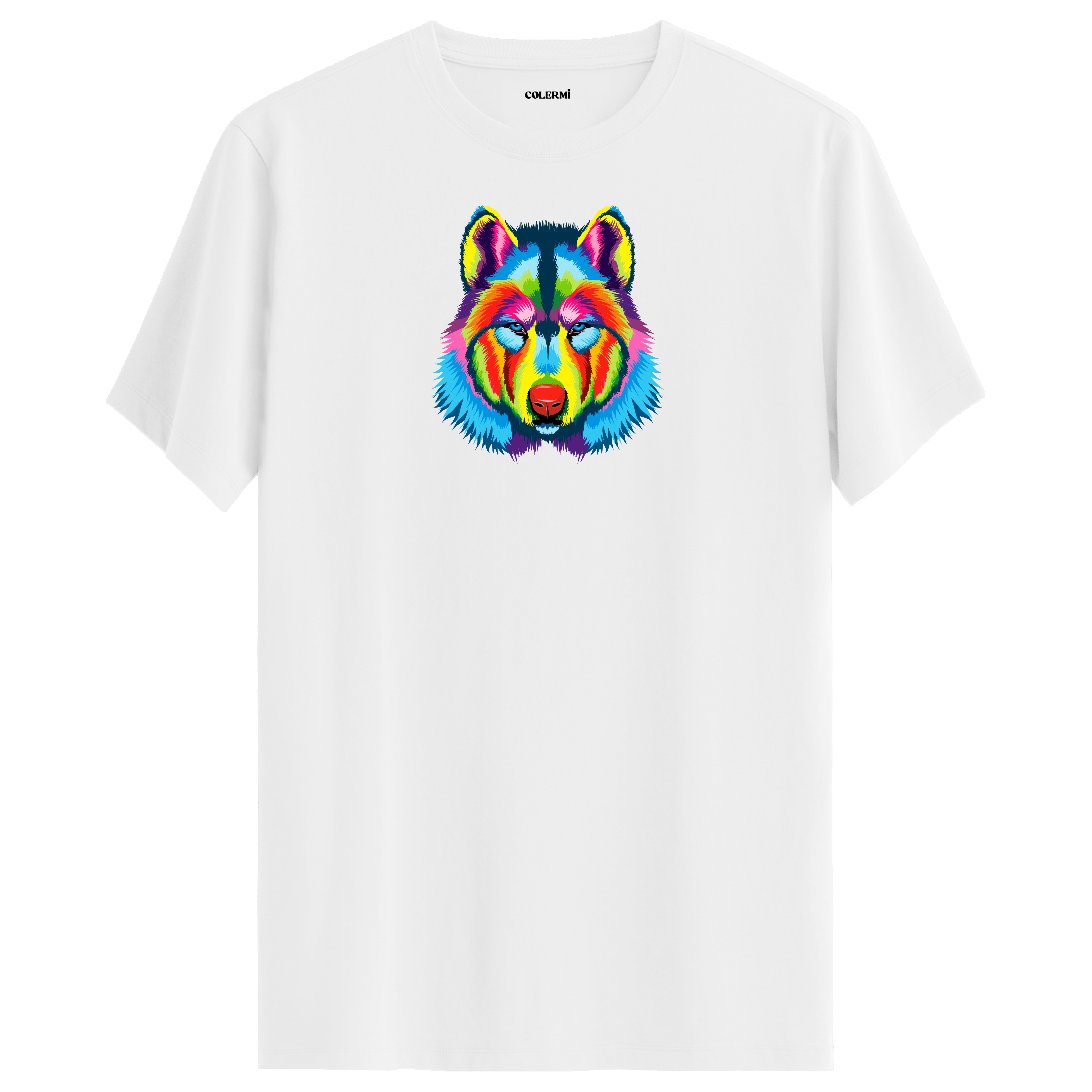 Beyaz tişört üzerinde renkli kurt baskısı