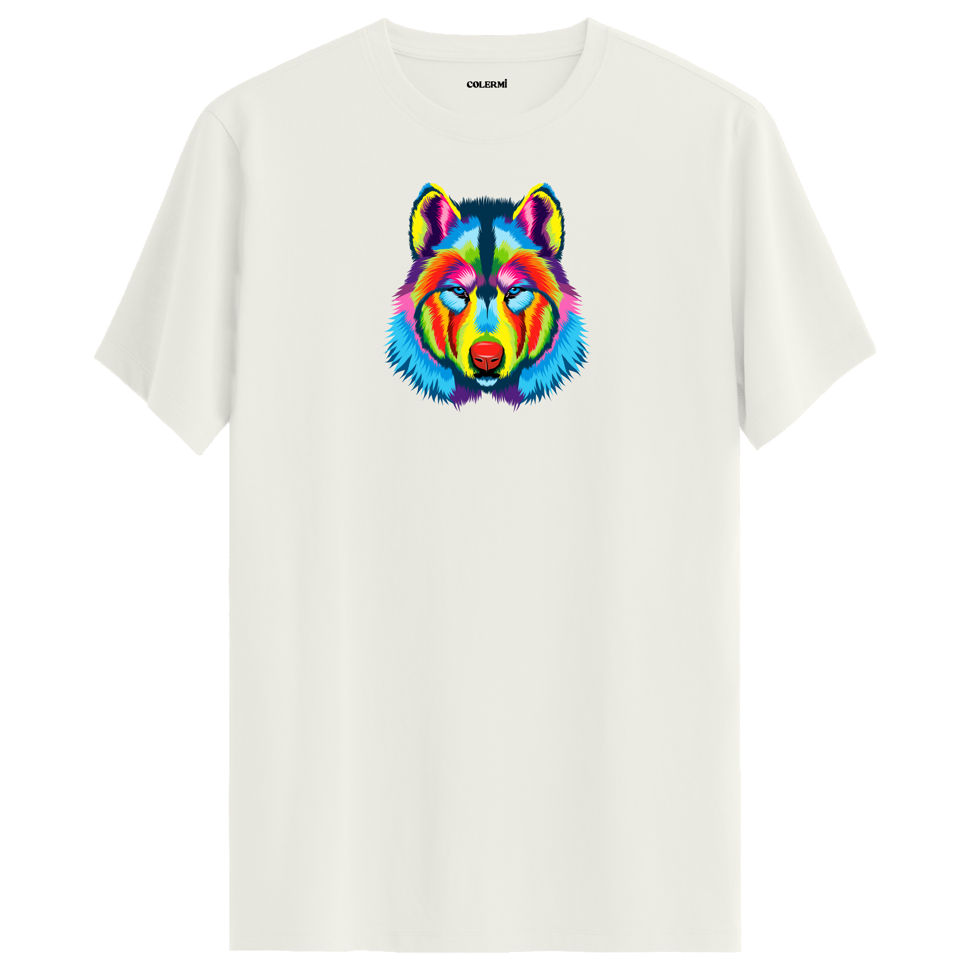 Ekru tişört üzerinde renkli kurt baskısı