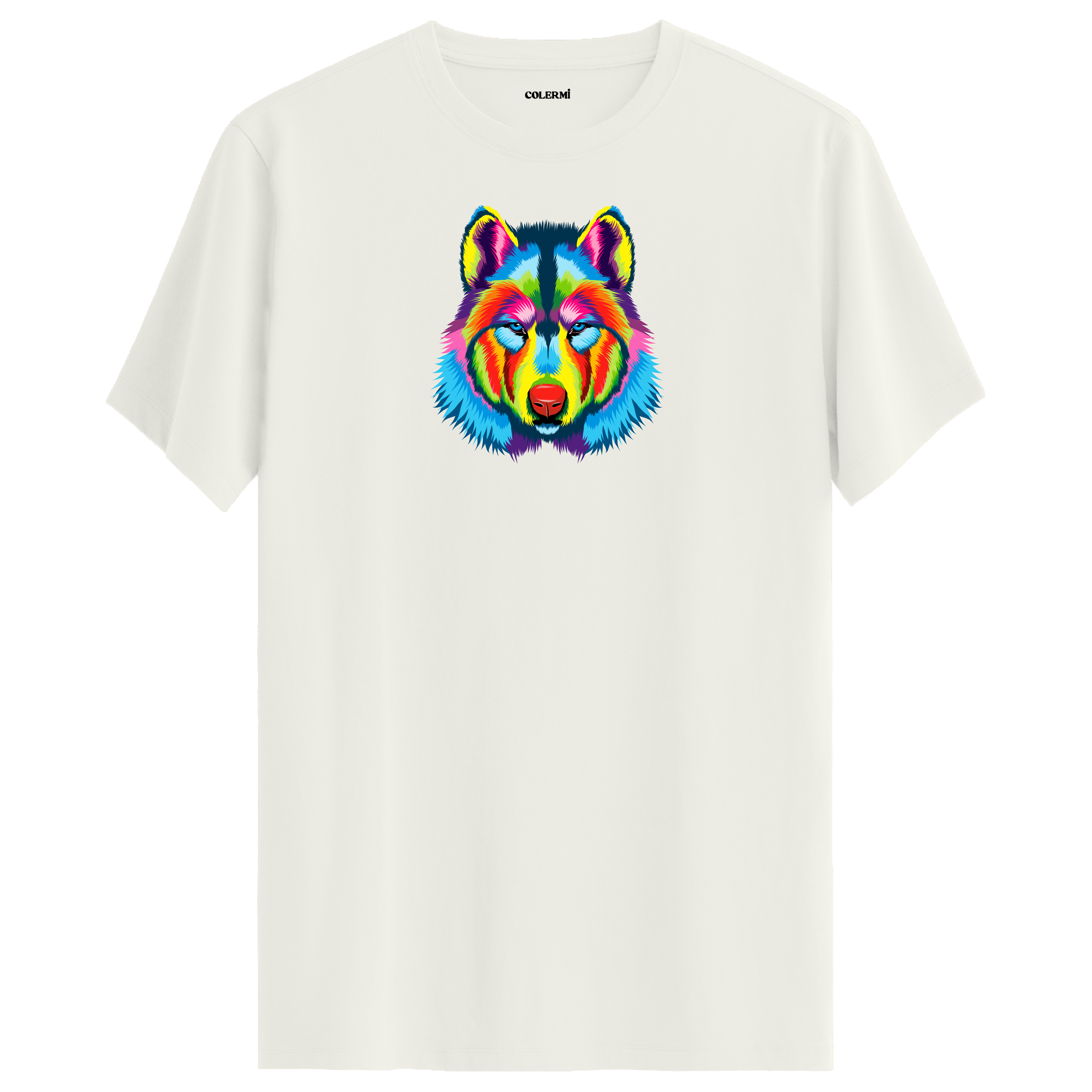Ekru tişört üzerinde renkli kurt baskısı